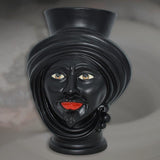 Testa di Moro, Uomo, Nero Opaco, labbra rosse e turbante. Ceramiche Sofia, Caltagirone