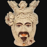 Ceramiche di Caltagirone fatti a mano: vaso volto reale con corona e dettagli artigianali
