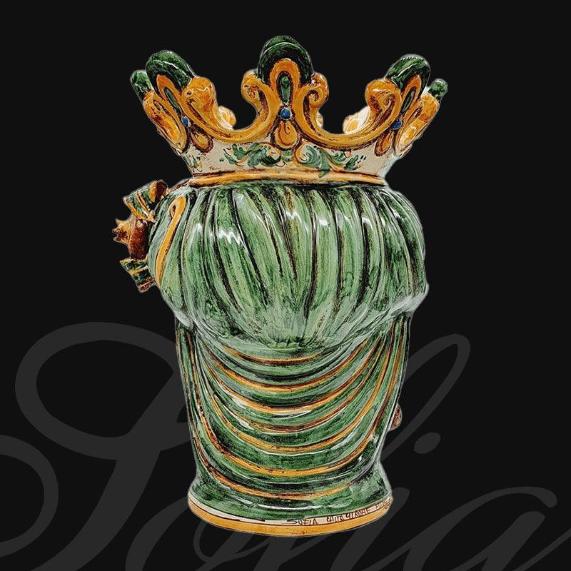 Testa di donna in ceramica di Caltagirone fatta a mano, decorazione verde e arancio con corona dorata