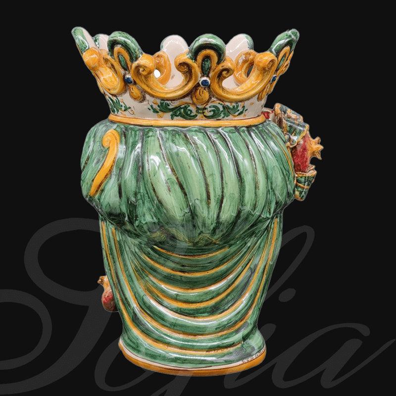 Testa di moro in ceramica dipinta a mano con corona decorata, verde e arancione, ceramiche caltagirone fatti a mano