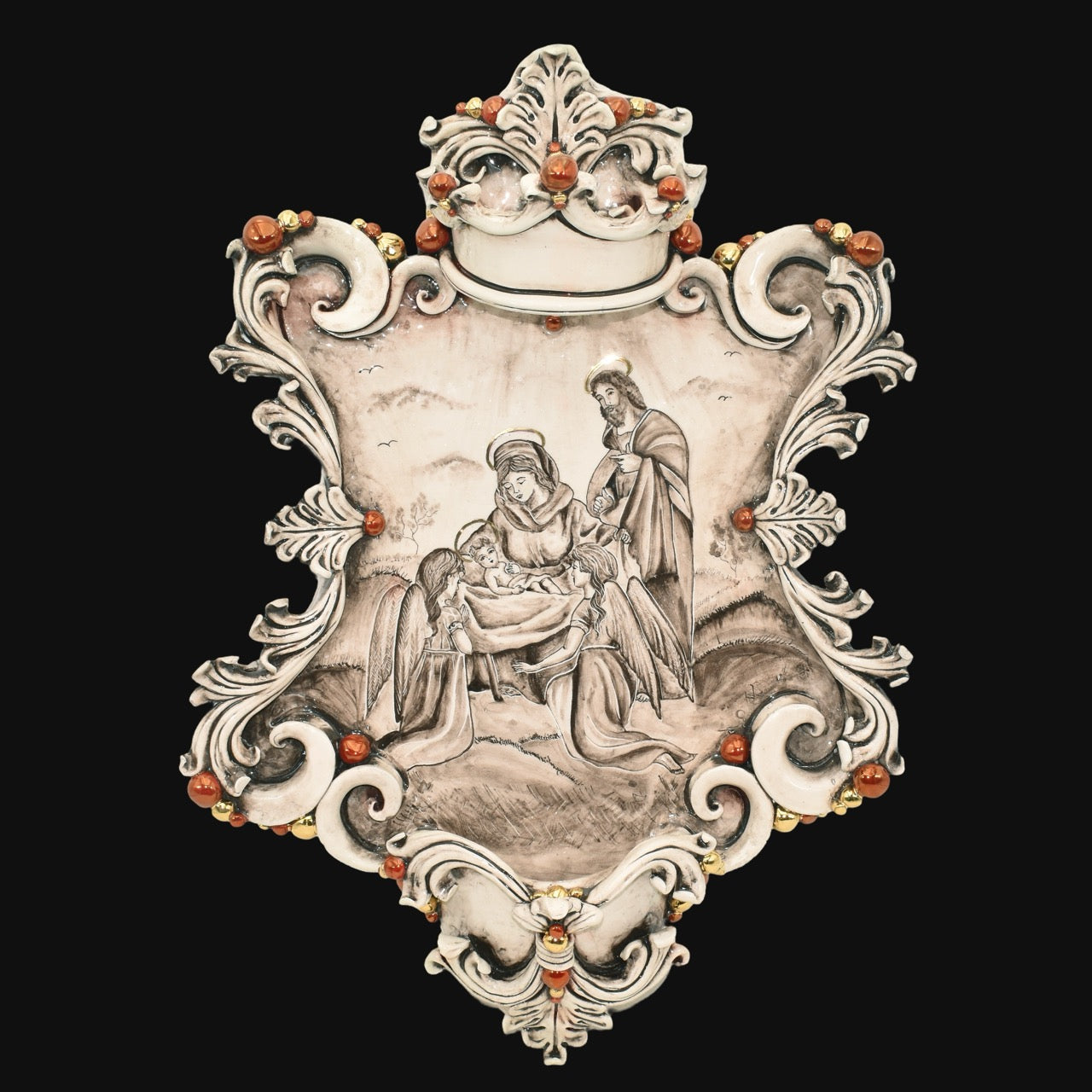 Acquasantiera maxi appl rettangolare 35×45 natività c/angeli madreperla antichizzato oro e lustri