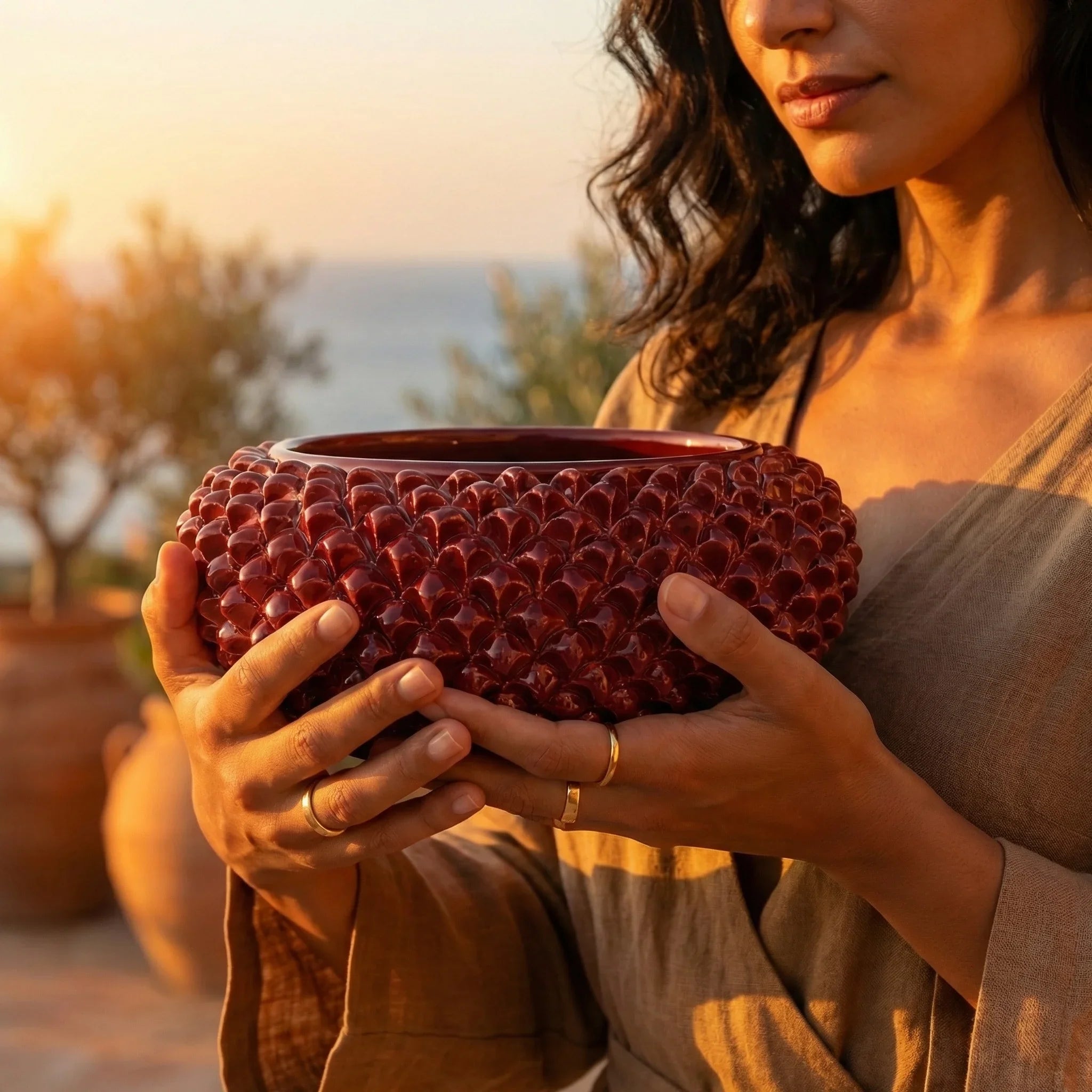 Pinecone centerpiece of Caltagirone modeled by hand bordeaux