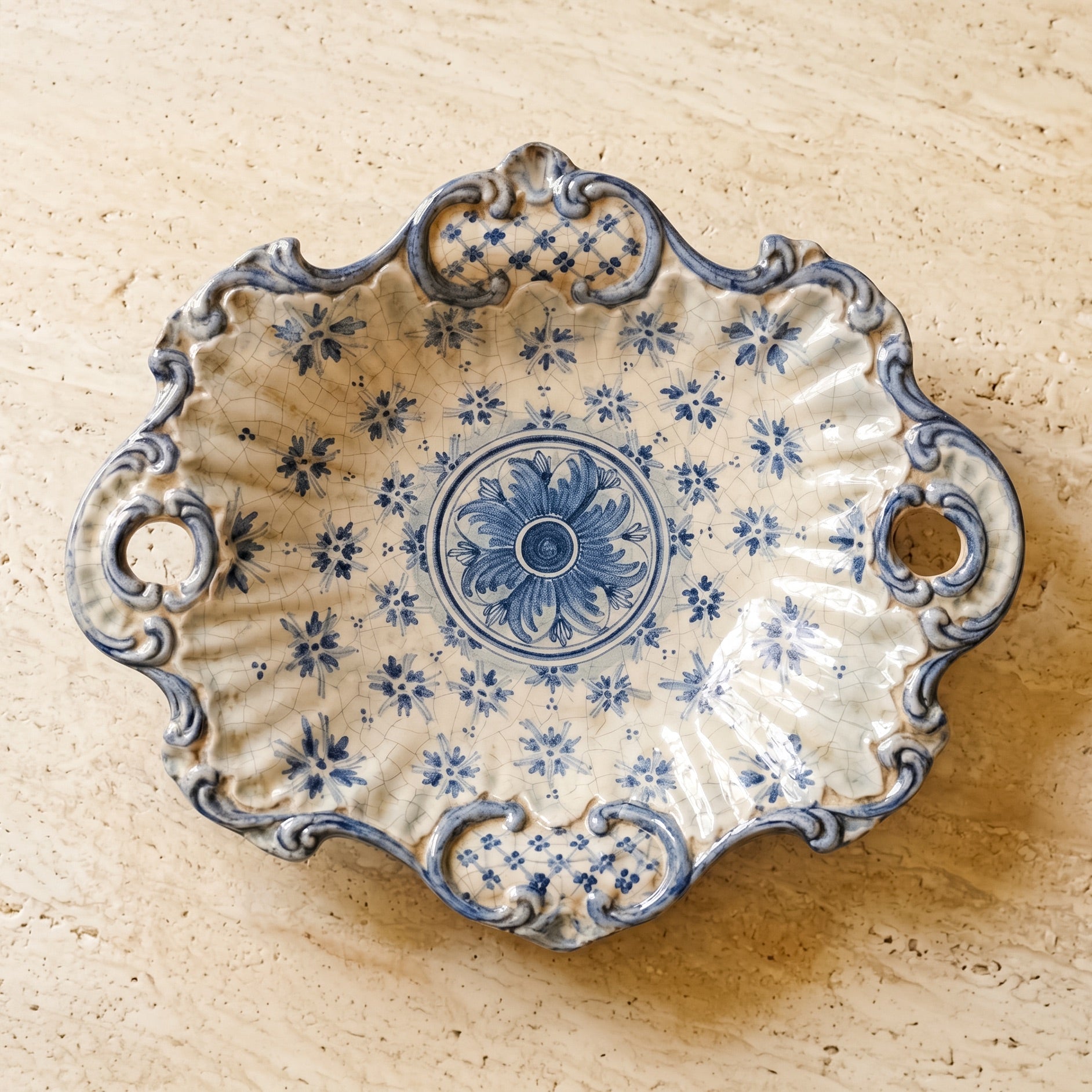Caltagirone Baroque Centerpiece 38×33 cm — Stars Line, Mono Blue | Ceramica Caltagirone