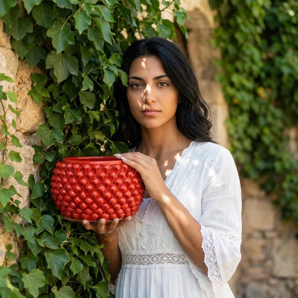 Caltagirone ceramic half-pine cone vase without foot, fire red