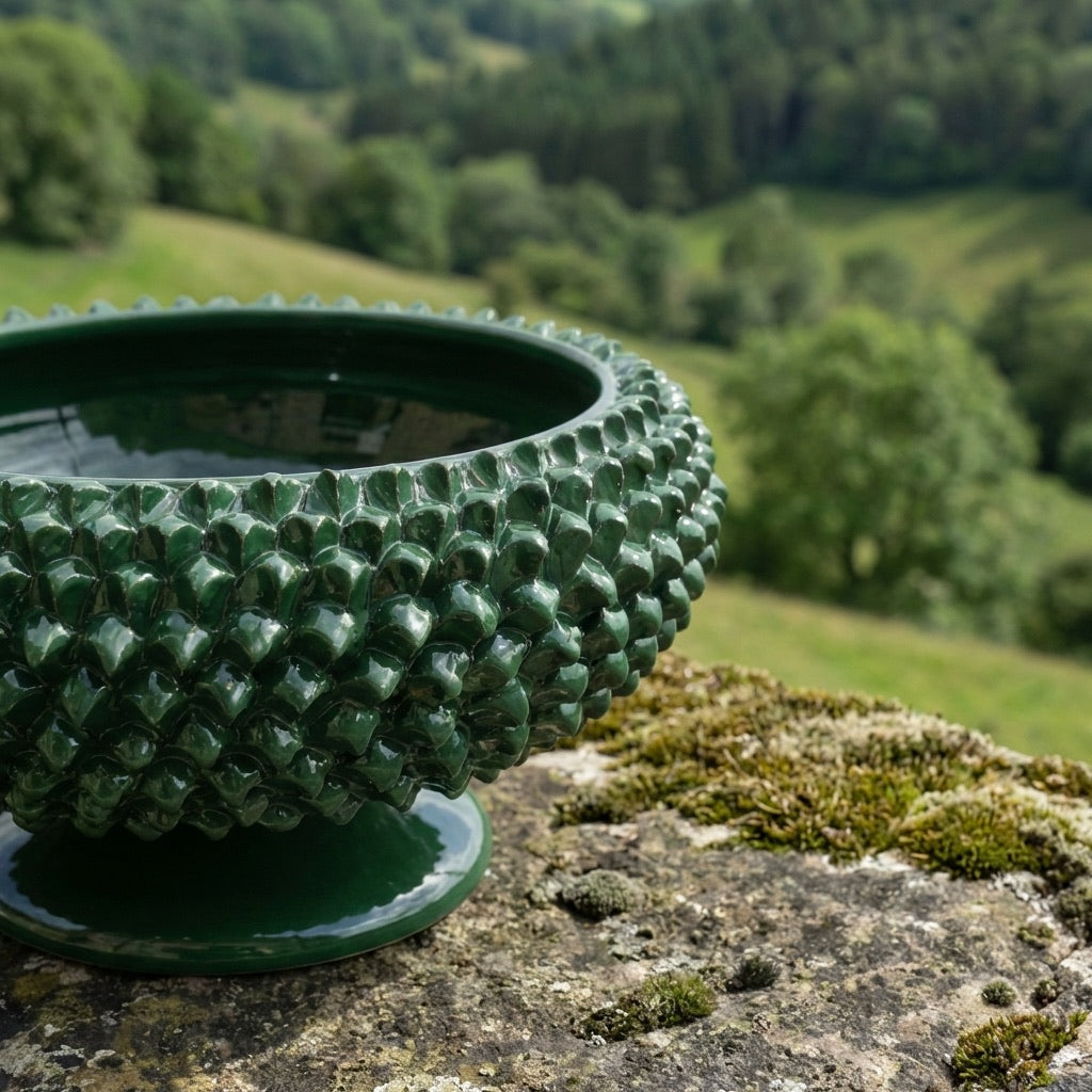 Hand-modeled Caltagirone Pine Cone Stand Antique Green
