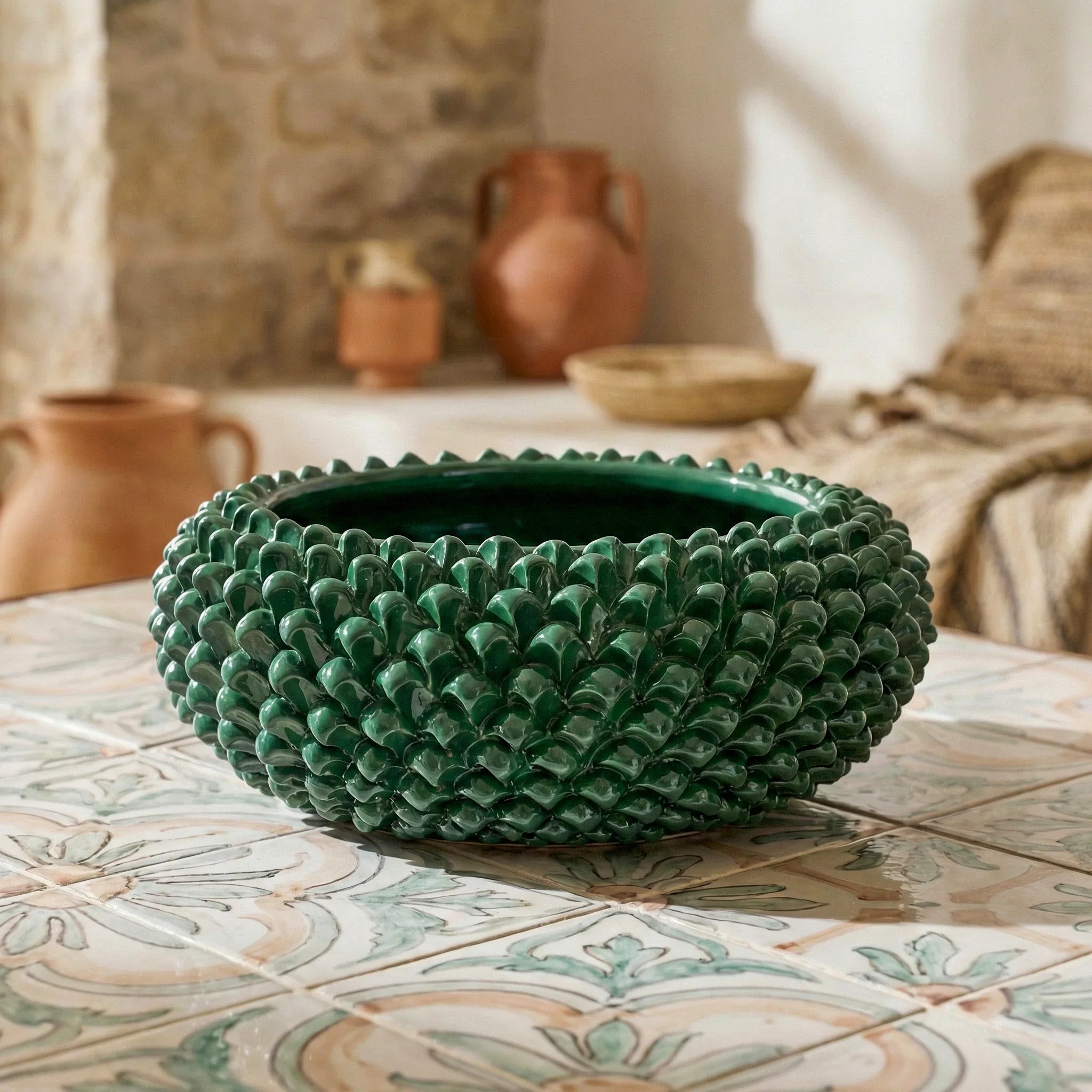 Pinecone Centerpiece, 25/33 cm in diameter, Antique Green, Caltagirone Ceramic