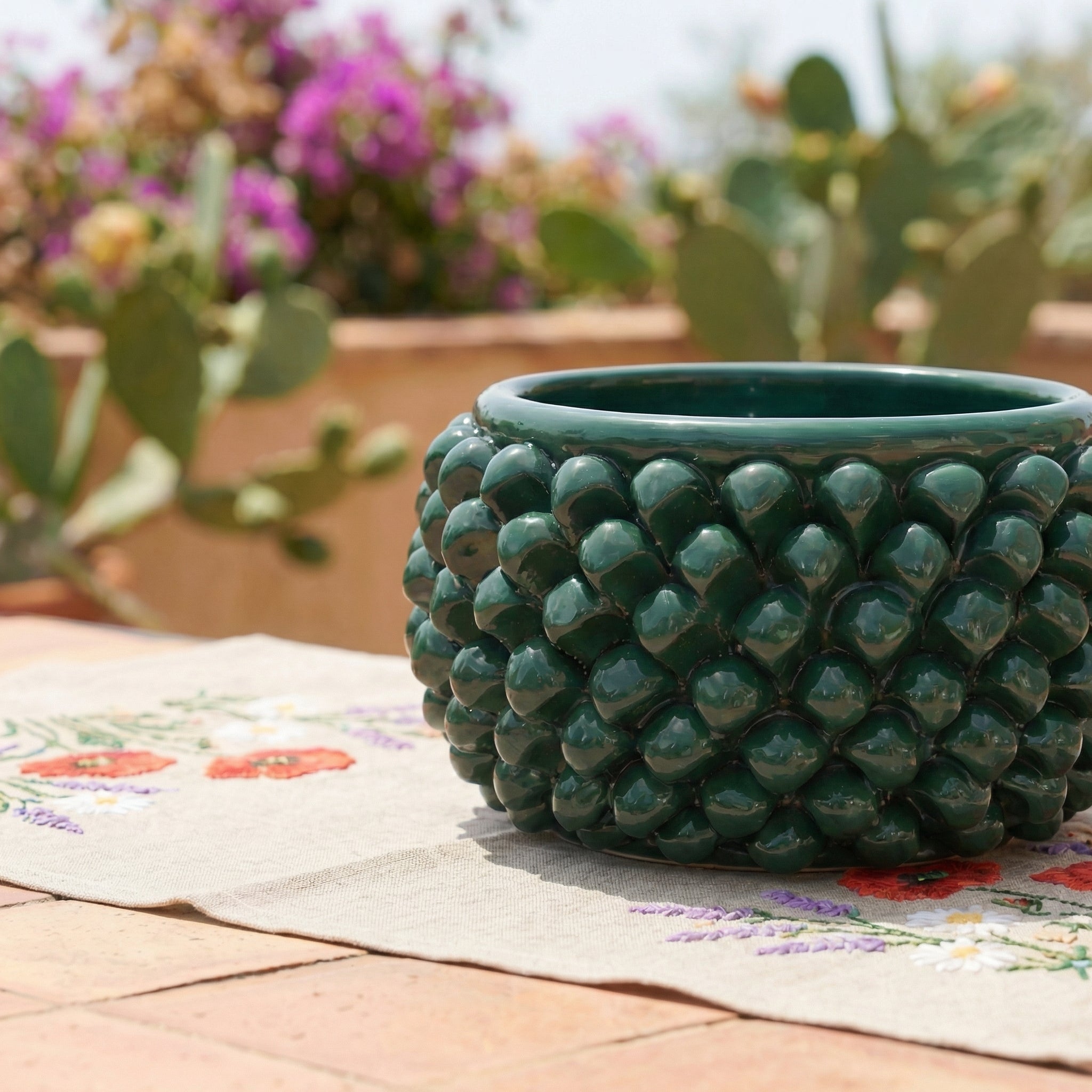 Half pine cone vase without foot green antique in Caltagirone ceramic