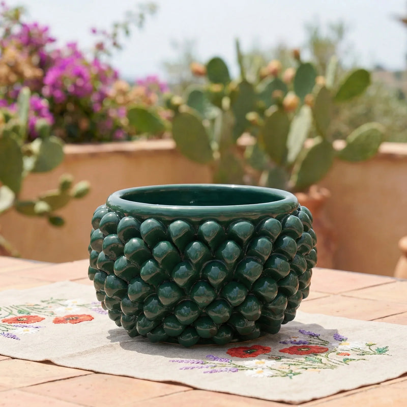 Half pine cone vase without foot green antique in Caltagirone ceramic