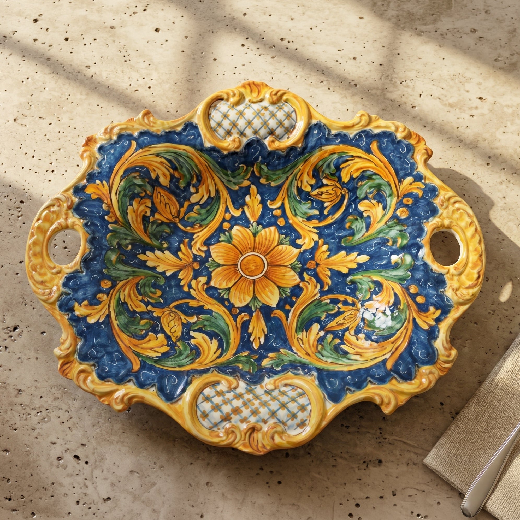 Sicilian Ceramic Centerpiece 38×33 cm / 15×13", Calatino Ornament – Sicilian majolica handcrafted in Caltagirone