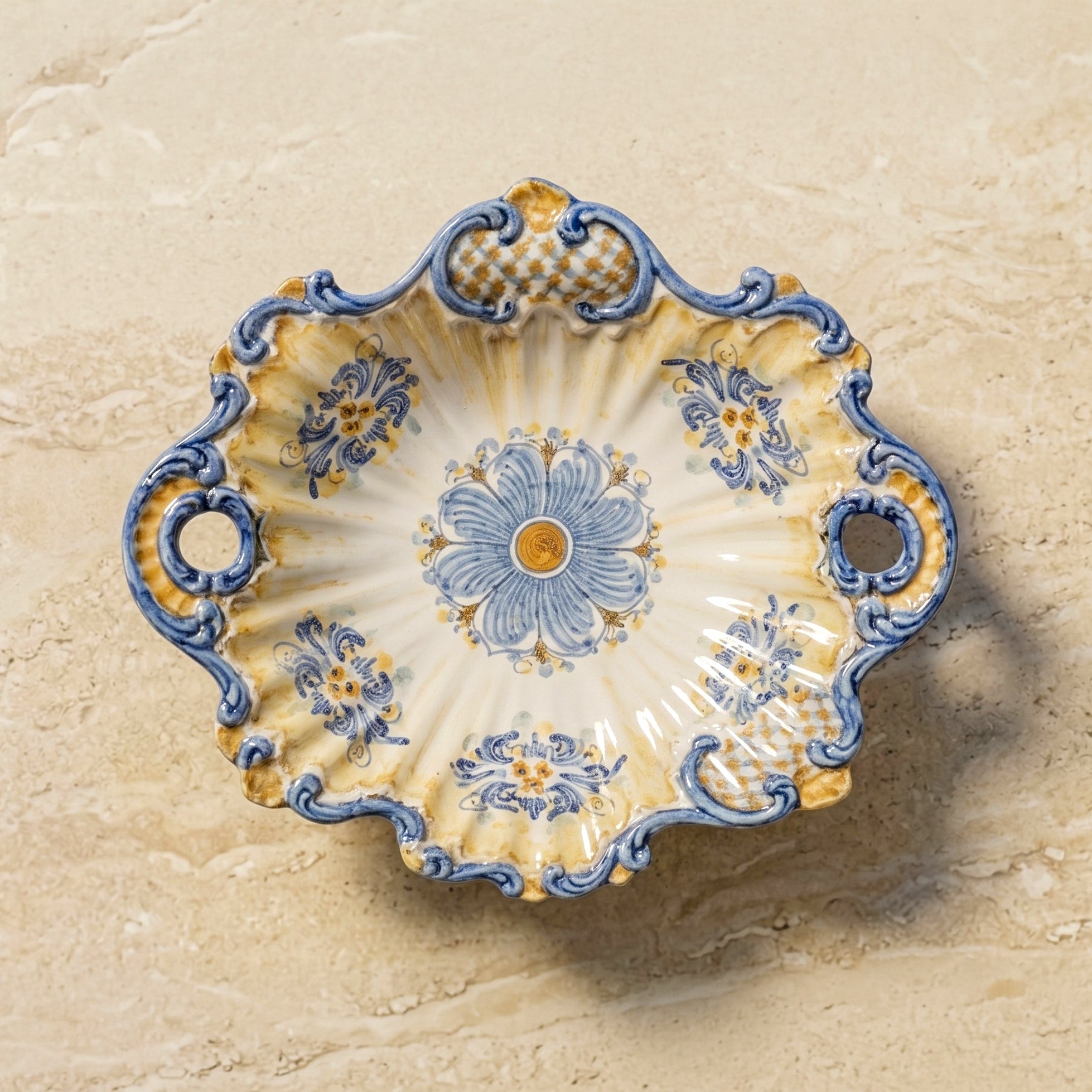 Sizilianischer Tafelaufsatz Keramik 38×33 cm, Blau und Orange, Kunstedition – Caltagirone Keramik – sizilianisches Kunsthandwerk