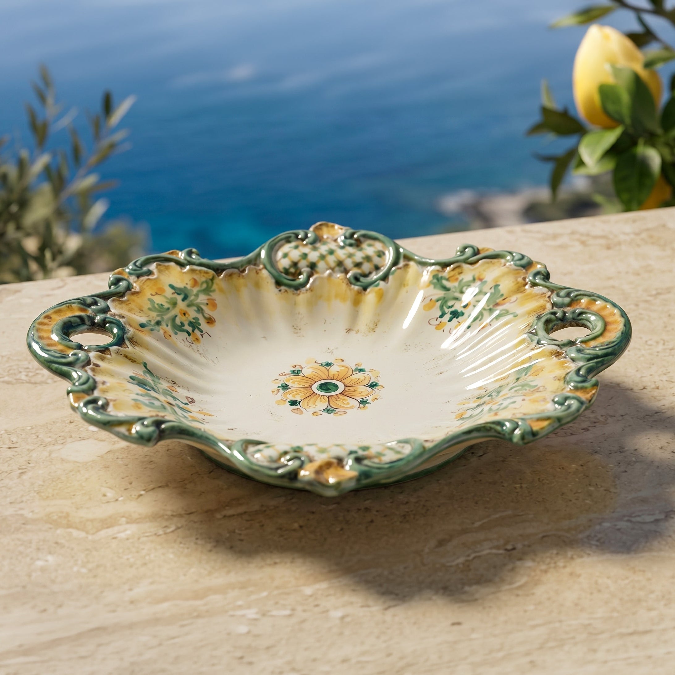 Sicilian Ceramic Centerpiece 38×33 cm / 15×13", Green and Orange, Art Edition – Italian ceramic from Caltagirone, Sicily