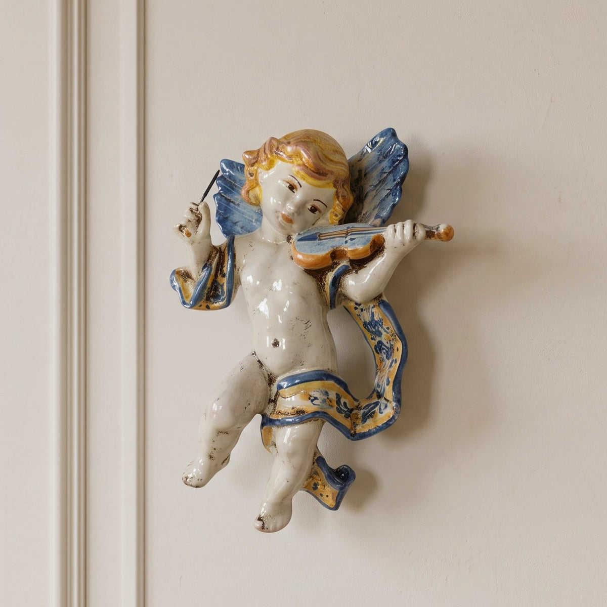 Ange Musicien au Violon de Caltagirone - Bleu et Orange | Majolique sicilienne de Caltagirone