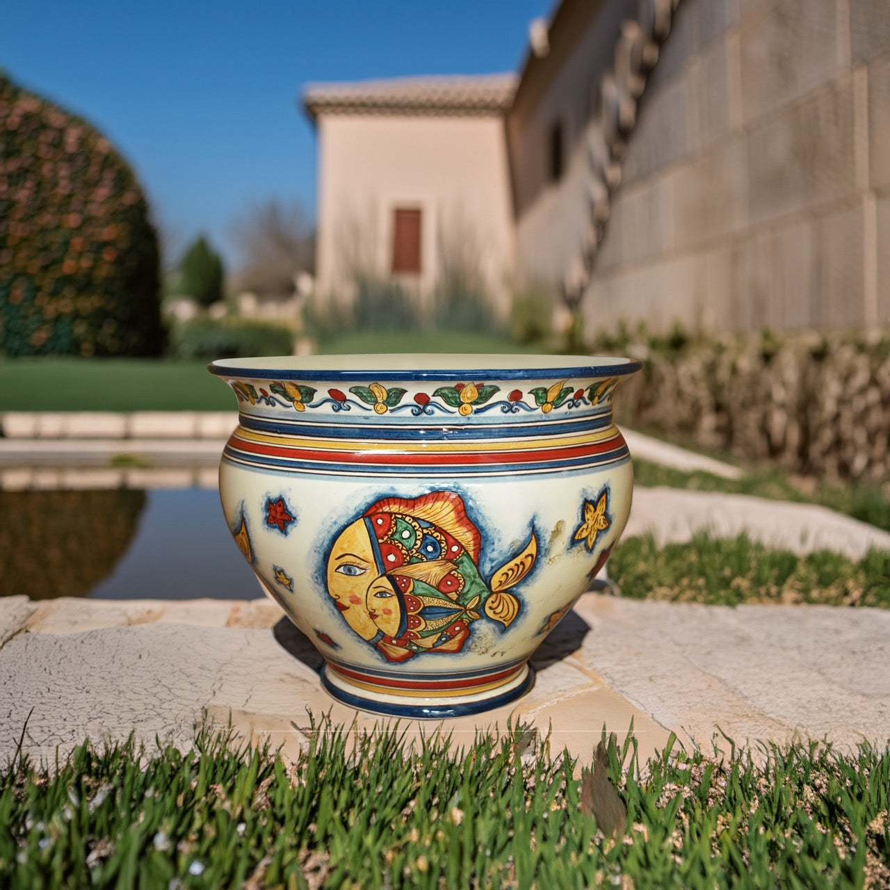 Cachepot decoro Pesci in ceramica siciliana di Caltagirone