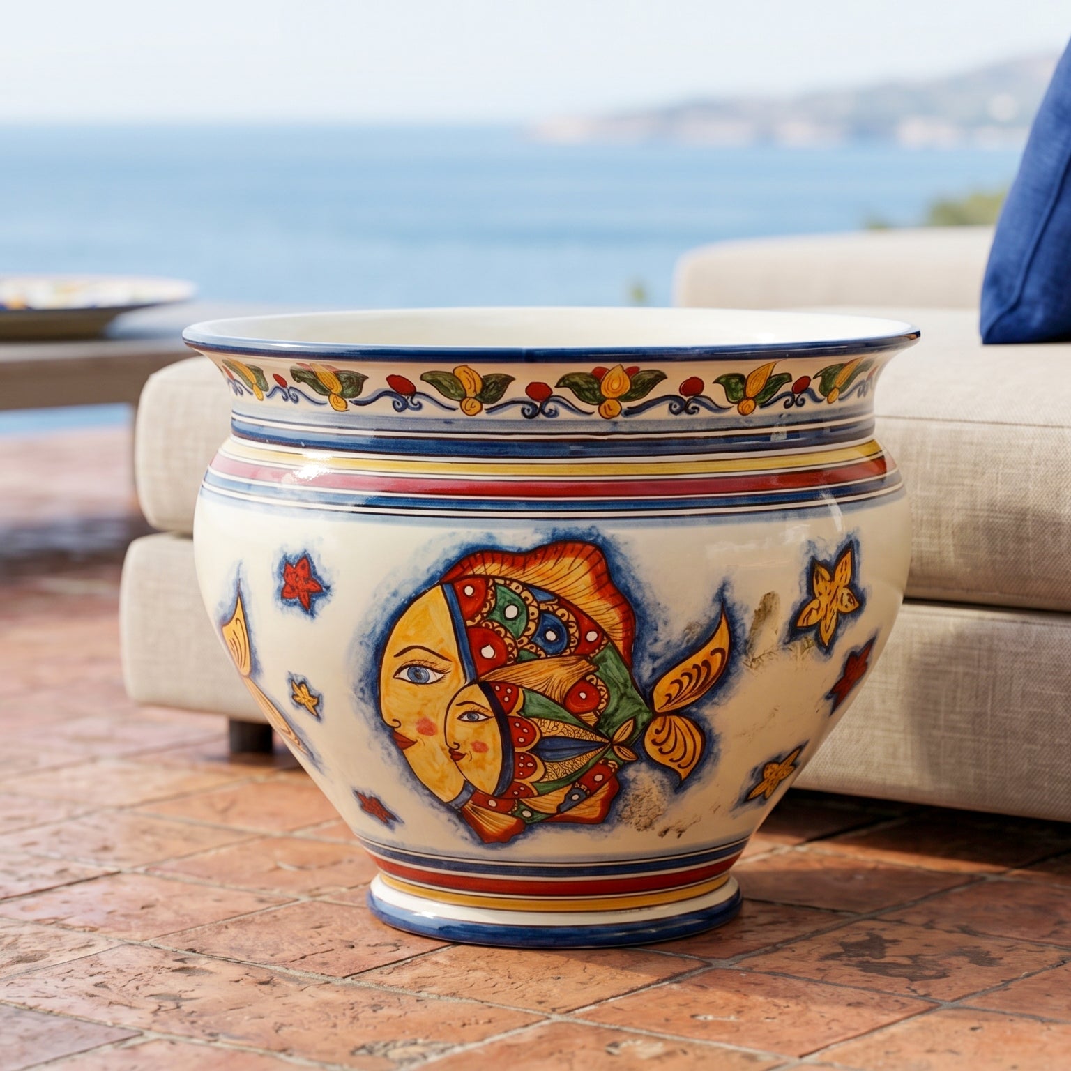 Cache-pot de Caltagirone – Décor Poissons | Majolique sicilienne de Caltagirone