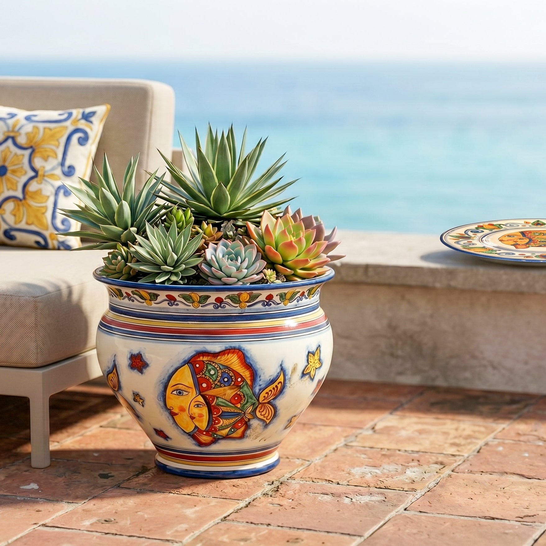 Cache-pot de Caltagirone – Décor Poissons | Majolique sicilienne de Caltagirone