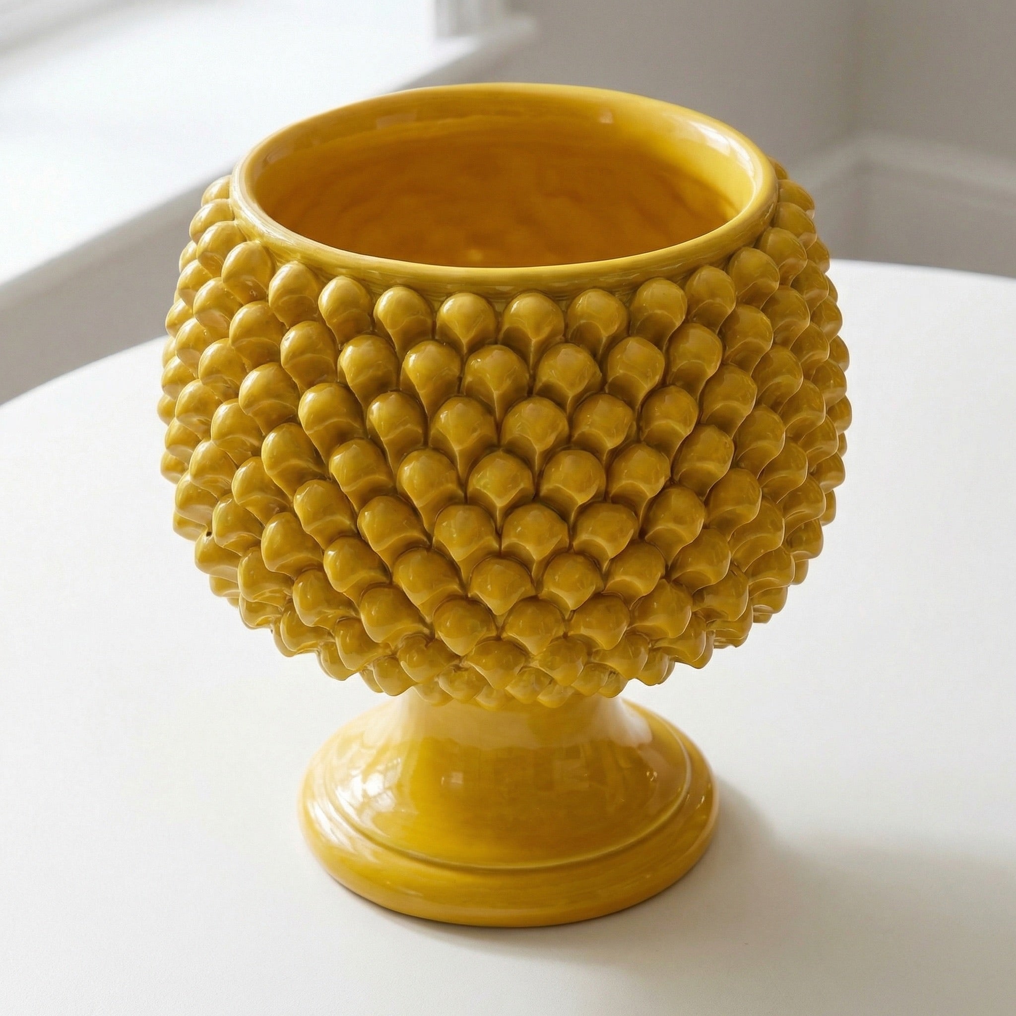 Caltagirone ceramic half-pine cone vase with mustard