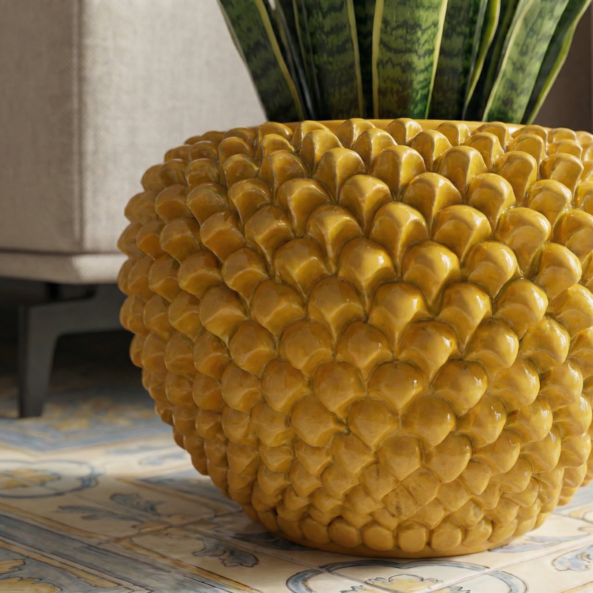 Pine Cone Cachepot, Mustard – Italian ceramic from Caltagirone, Sicily