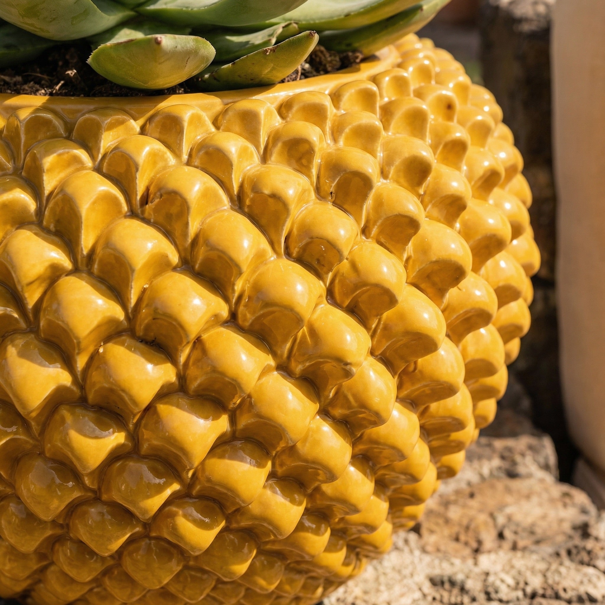 Mustard pine cone cachepot in handmade Caltagirone ceramic