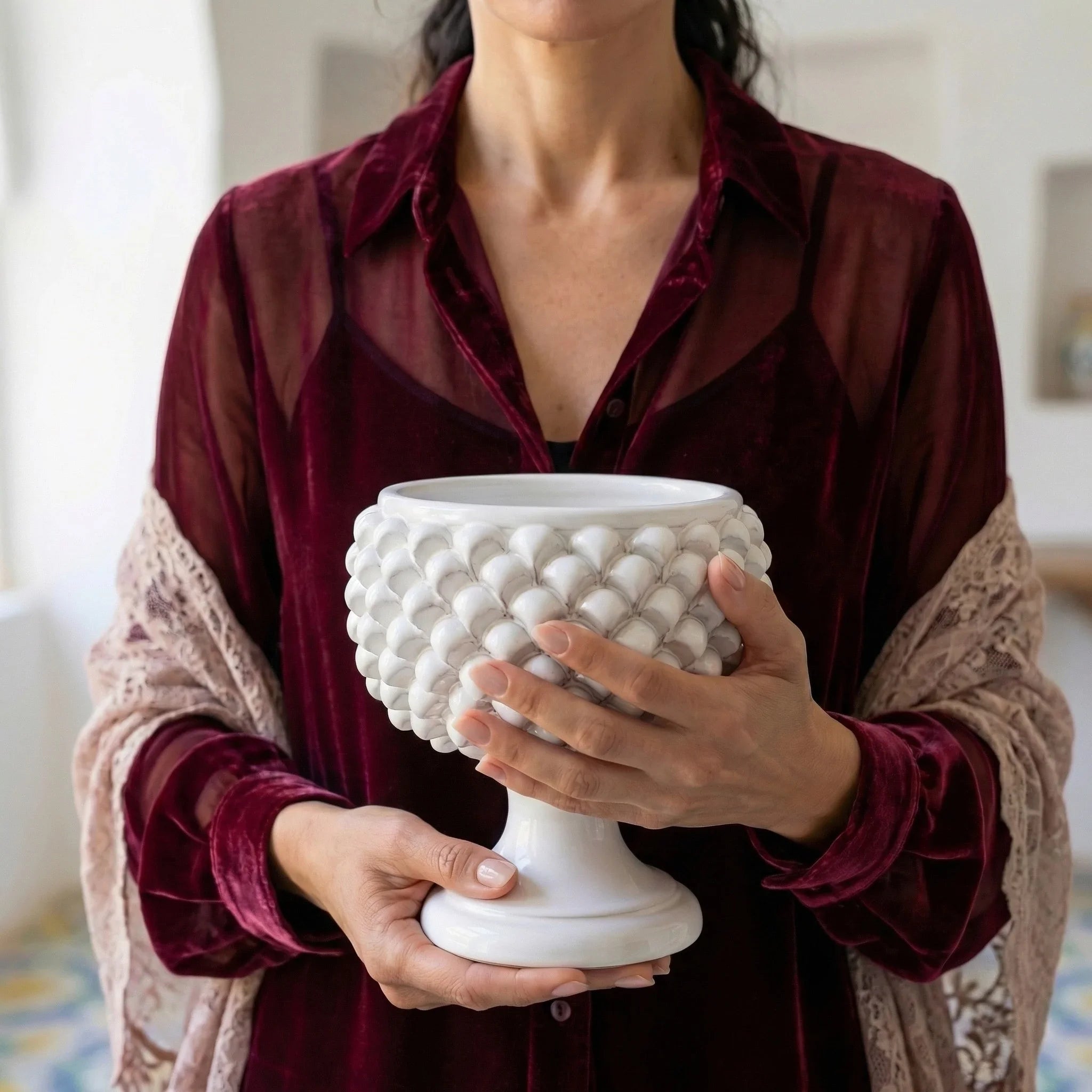 Caltagirone ceramic half-pine cone vase in white line
