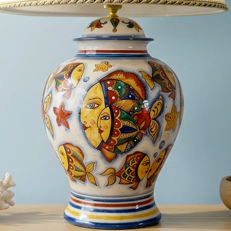 Potiche-Tischlampe aus Caltagirone-Keramik — Fisch-Dekor