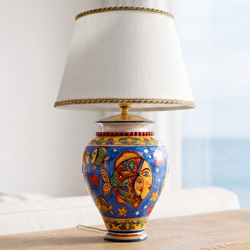Kugel-Tischlampe Keramik H 35 cm, Blauer Grund – Sizilianische Keramiklampe aus Caltagirone