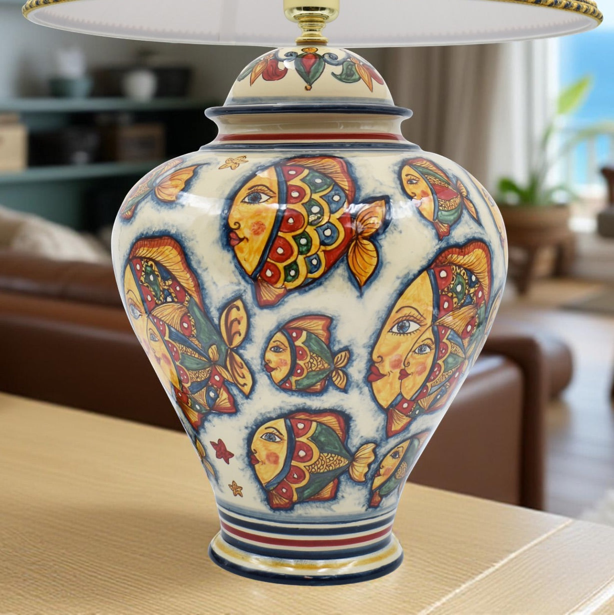 Lume Potiche Decoro Pesci in ceramica di Caltagirone (h65 c/paralume Ø40)