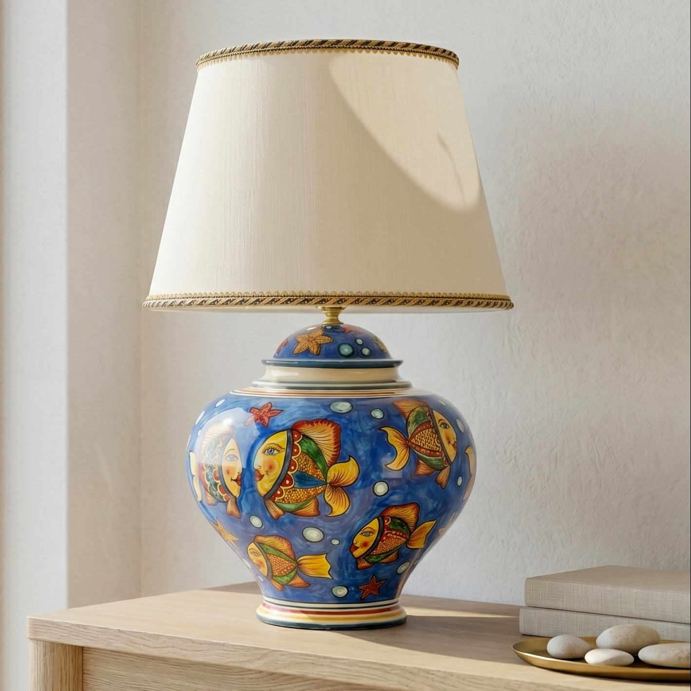 Lampe Boule Artisanale de Caltagirone - DecOr Pesci, Fondo Bleu | Ceramique Caltagirone - tradition des lampes italiennes