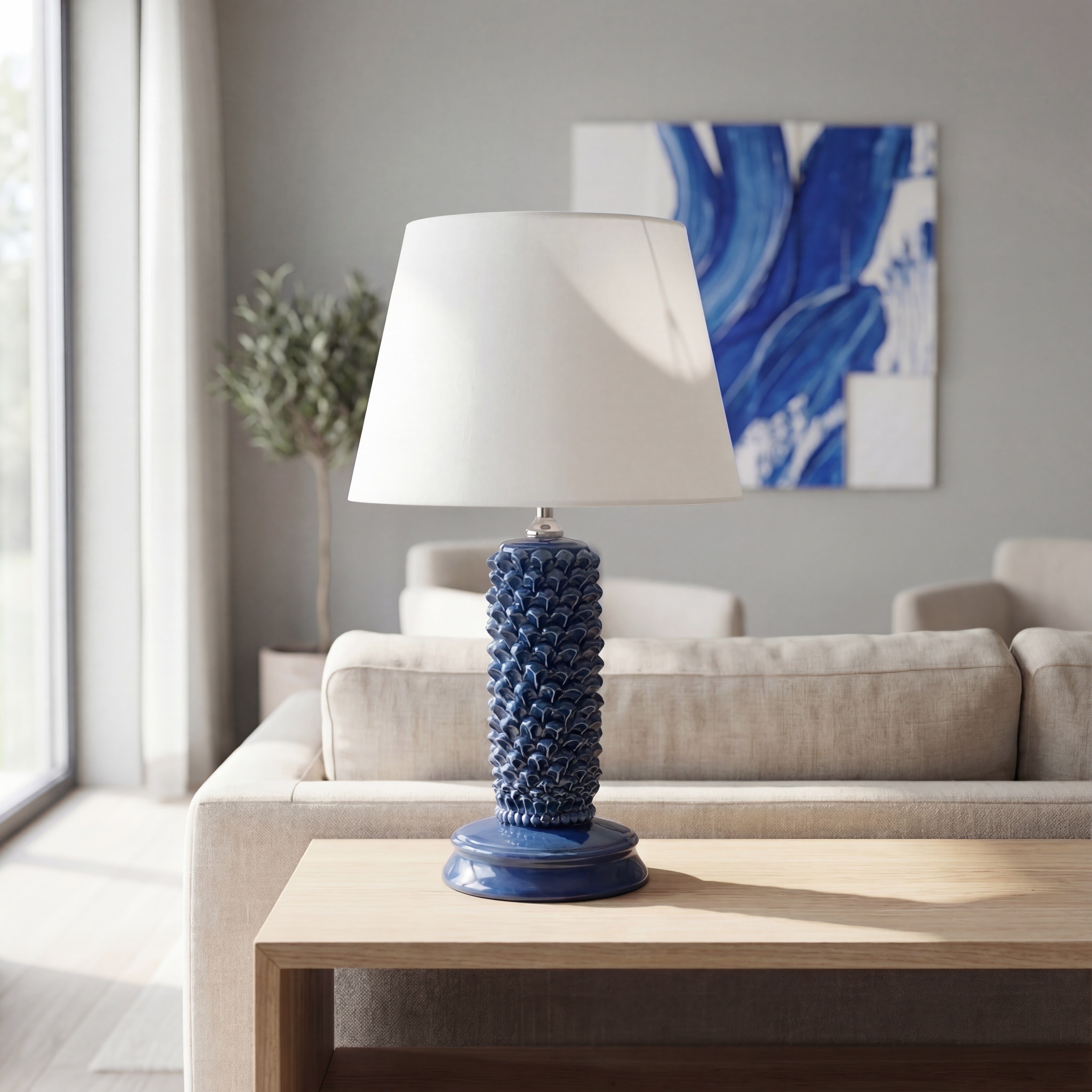 Pine cone lamp, cylindrical, h 60 cm, intense blue, in Caltagirone ceramic.