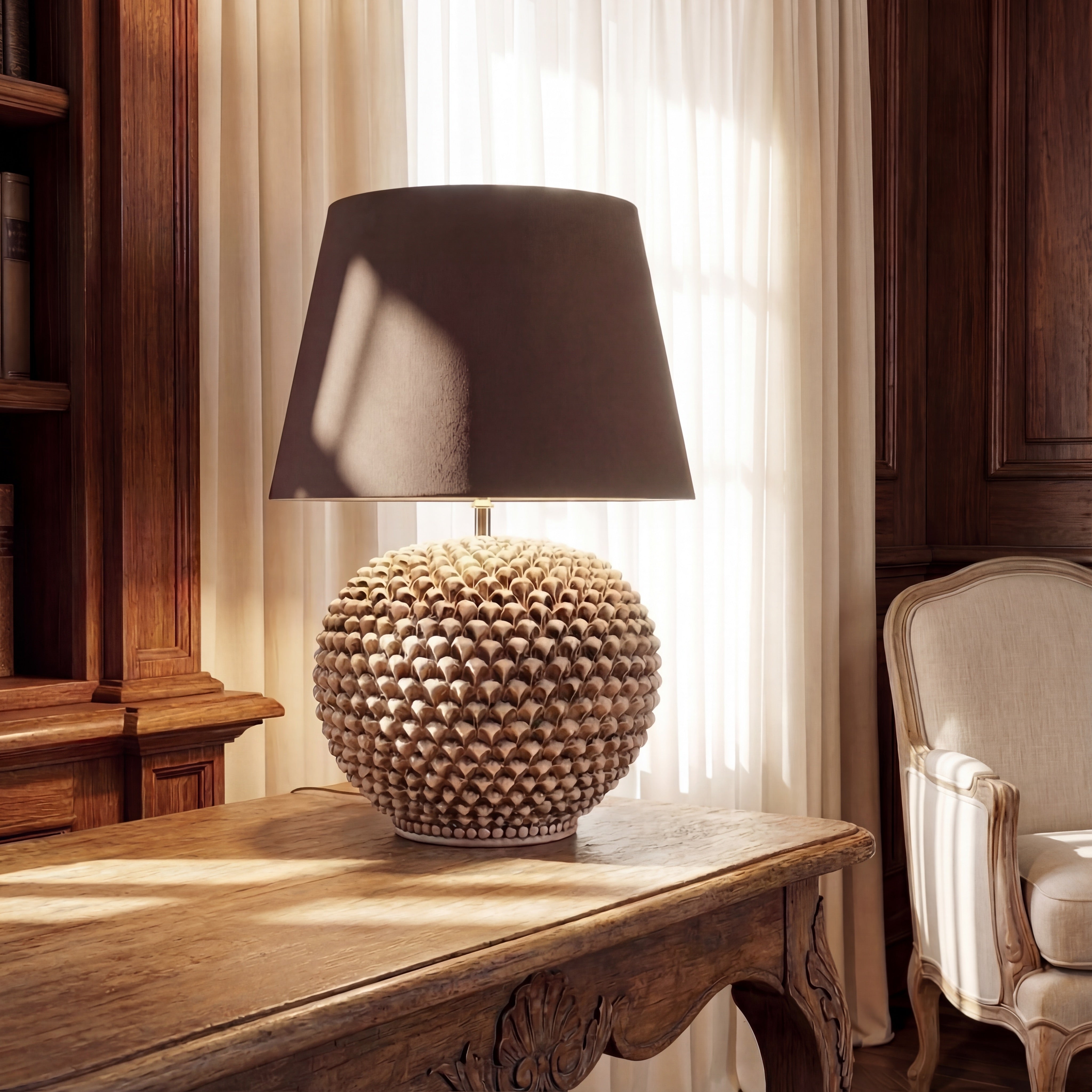 Lume palla a pigna in ceramica diverse misure, Decoro in Madreperla Antichizzato