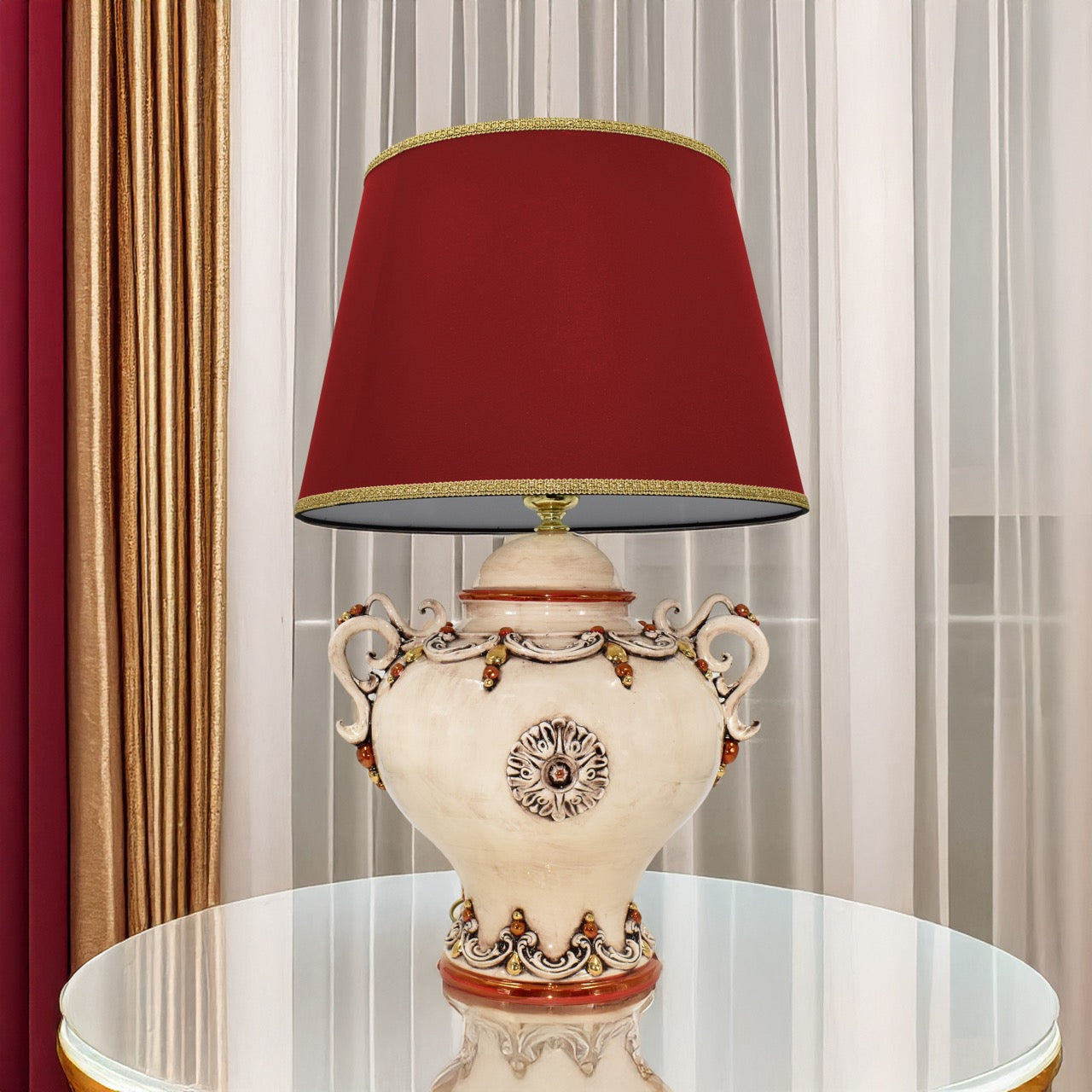 Ball lamp with handles h 35 plastic Sofia mother of pearl antique gold and lustres (h65 with lampshade Ø45)