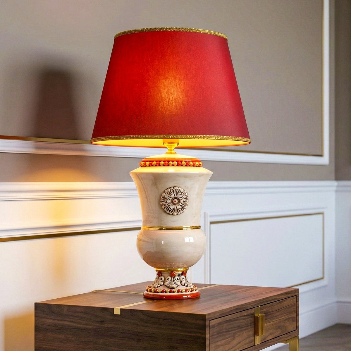 Lume a Calice in Ceramica di Caltagirone h 35 cm -  Madreperla Oro e Lustri
