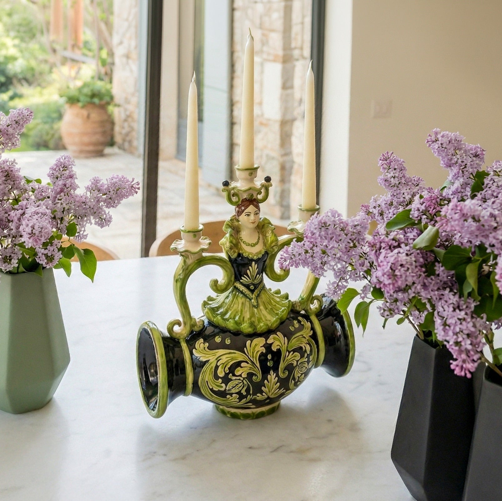 Lumiera Scaldone 3 Fuochi h 32 cm Linea Parigi - Ceramica di Caltagirone Nero e Verde