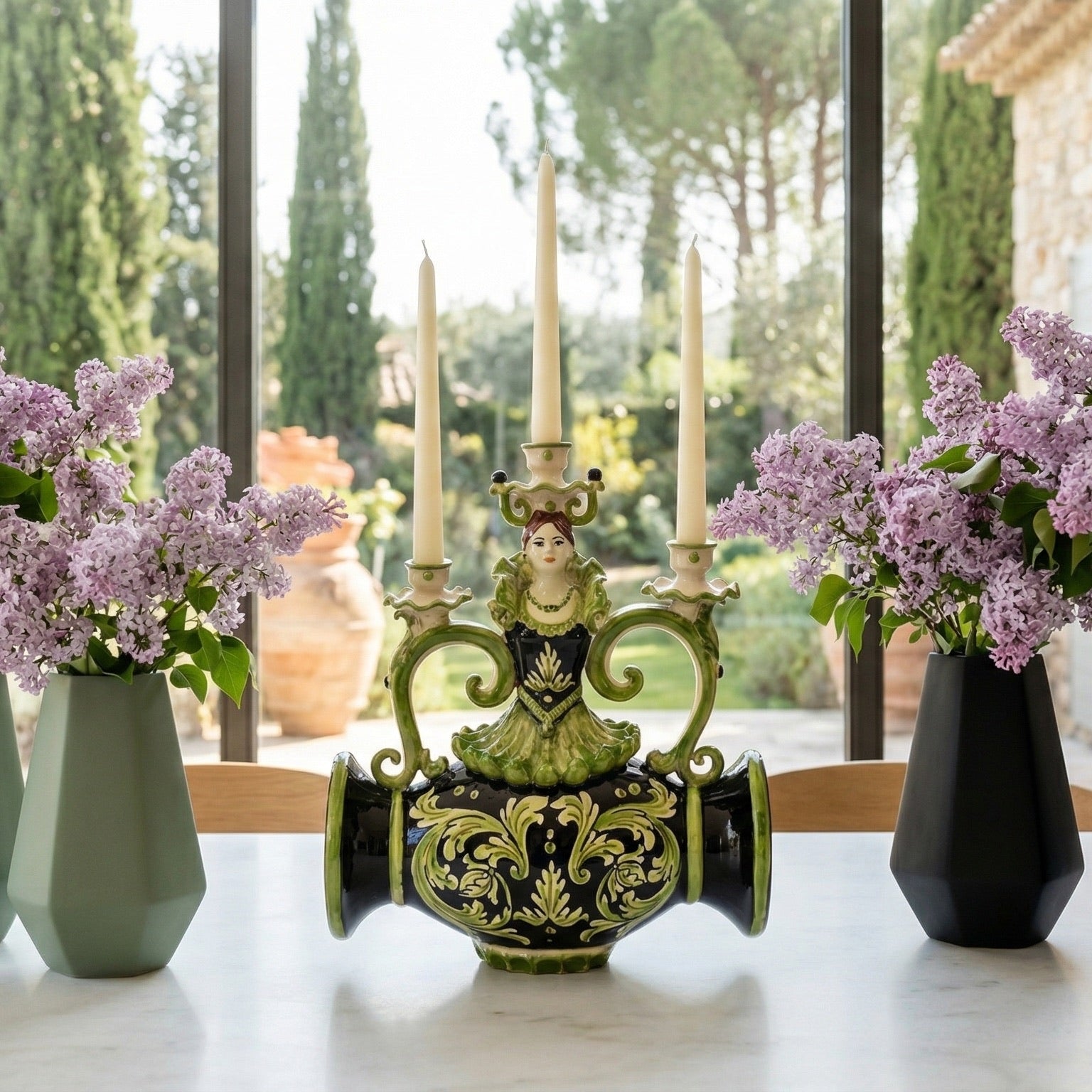 Lumiera Scaldone 3 Fuochi h 32 cm Linea Parigi - Ceramica di Caltagirone Nero e Verde