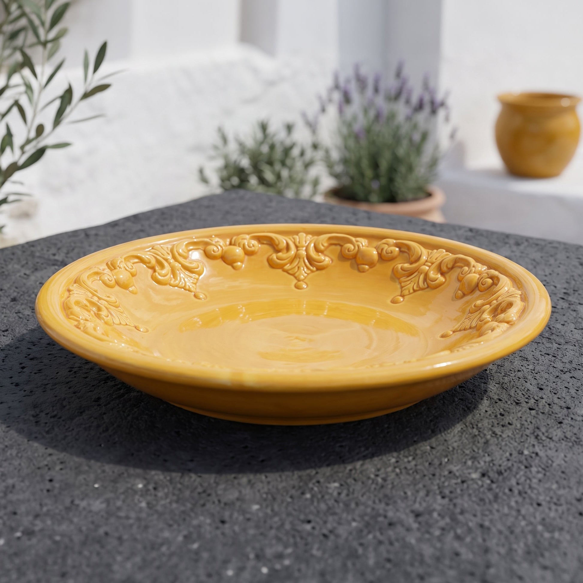 Sicilian Catch-All Dish Ø 30 cm / Ø 11.8", Plastico Sofia, Mustard – Italian ceramic from Caltagirone, Sicily