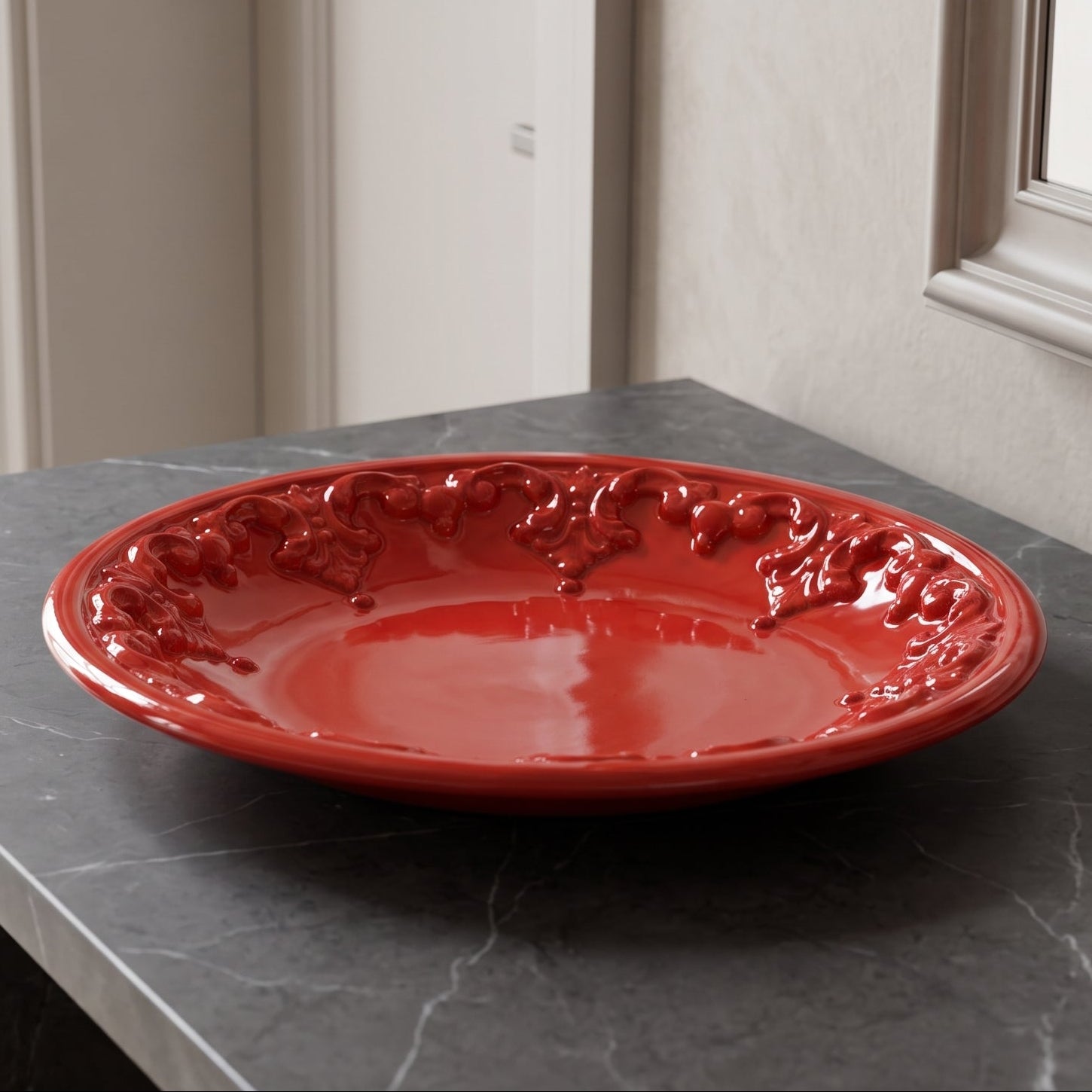 Assiette Sicilienne en Ceramique - Plastico Sofia, Rouge Feu | Majolique sicilienne de Caltagirone