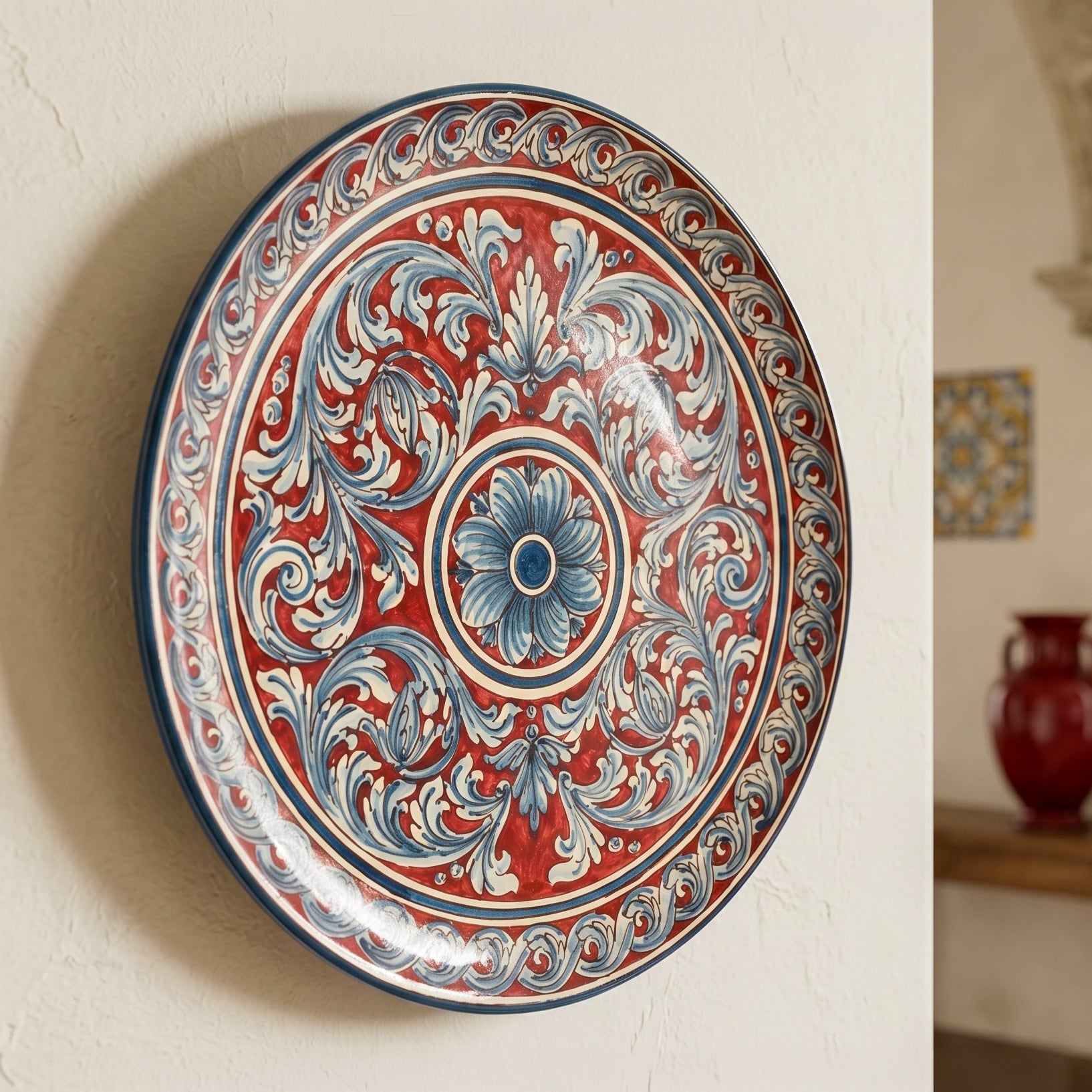 Plato Decorativo Siciliano, Burdeos – Cerámica Caltagirone – tradición artesanal siciliana