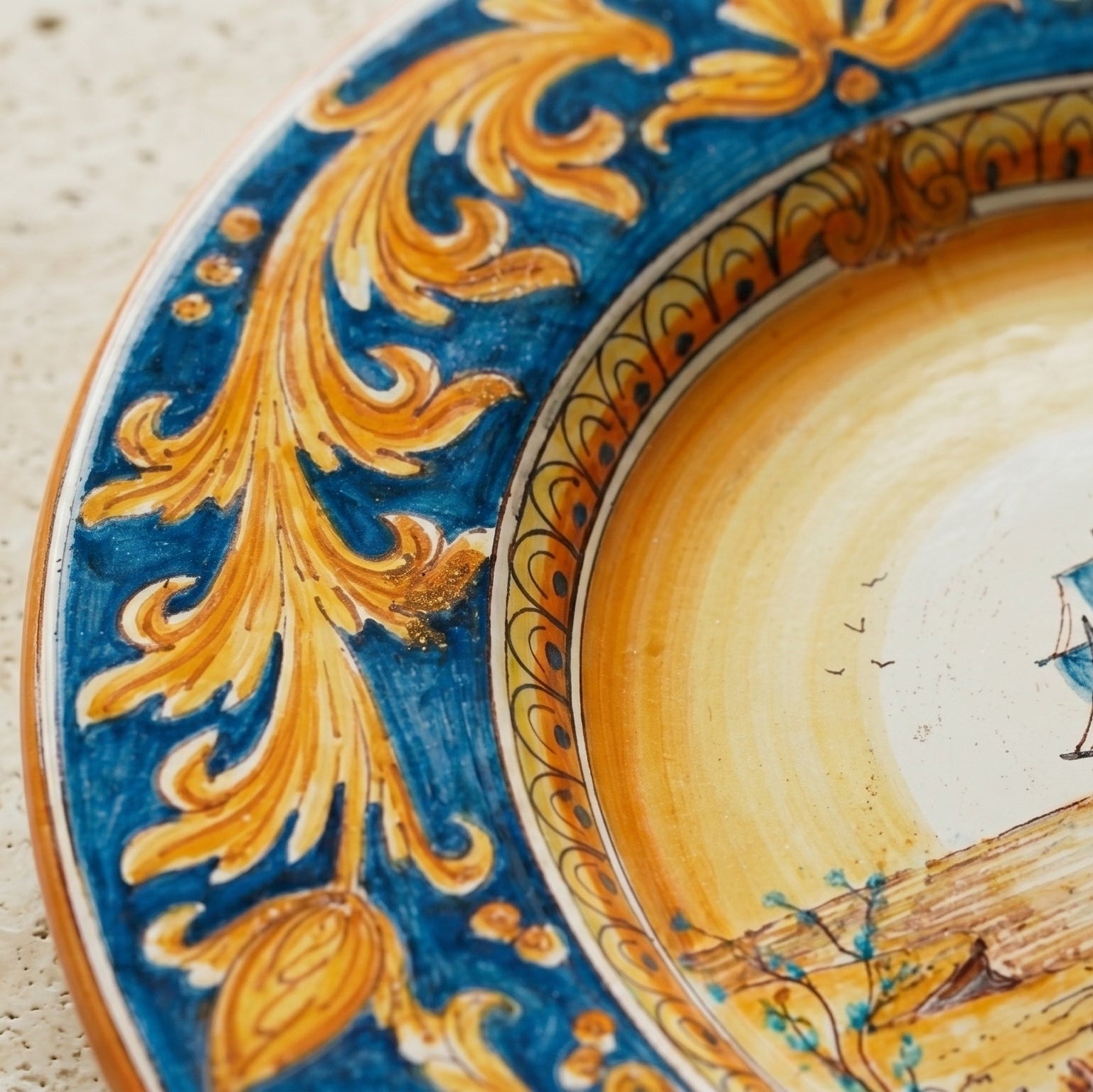 Sicilian Priest Hat Plate, Sailing Ship Motif, Blue Background – Italian ceramic from Caltagirone, Sicily