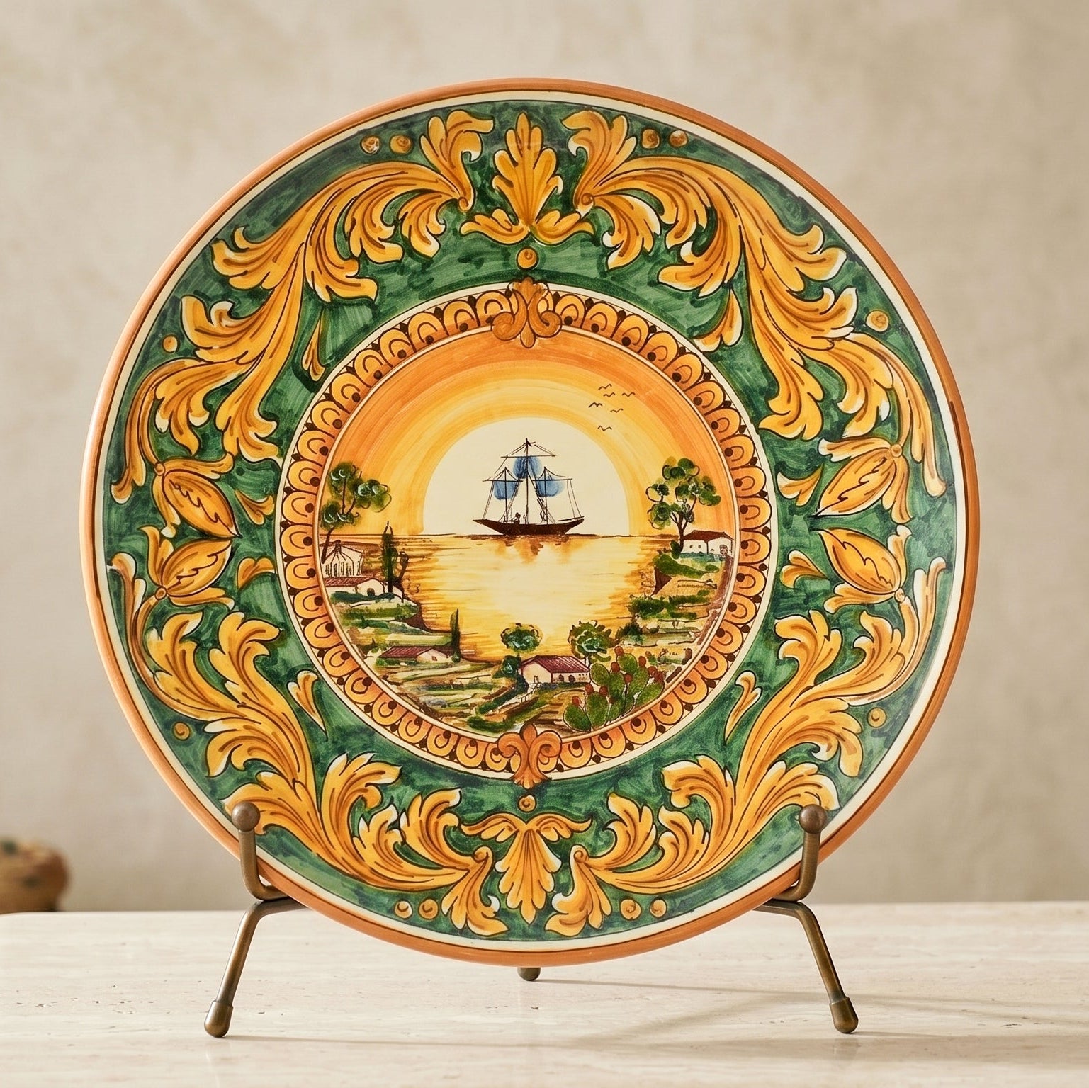 Sicilian Decorative Wall Plate, Sailing Ship Motif, Green Background – Caltagirone Ceramic – Sicilian artisan tradition