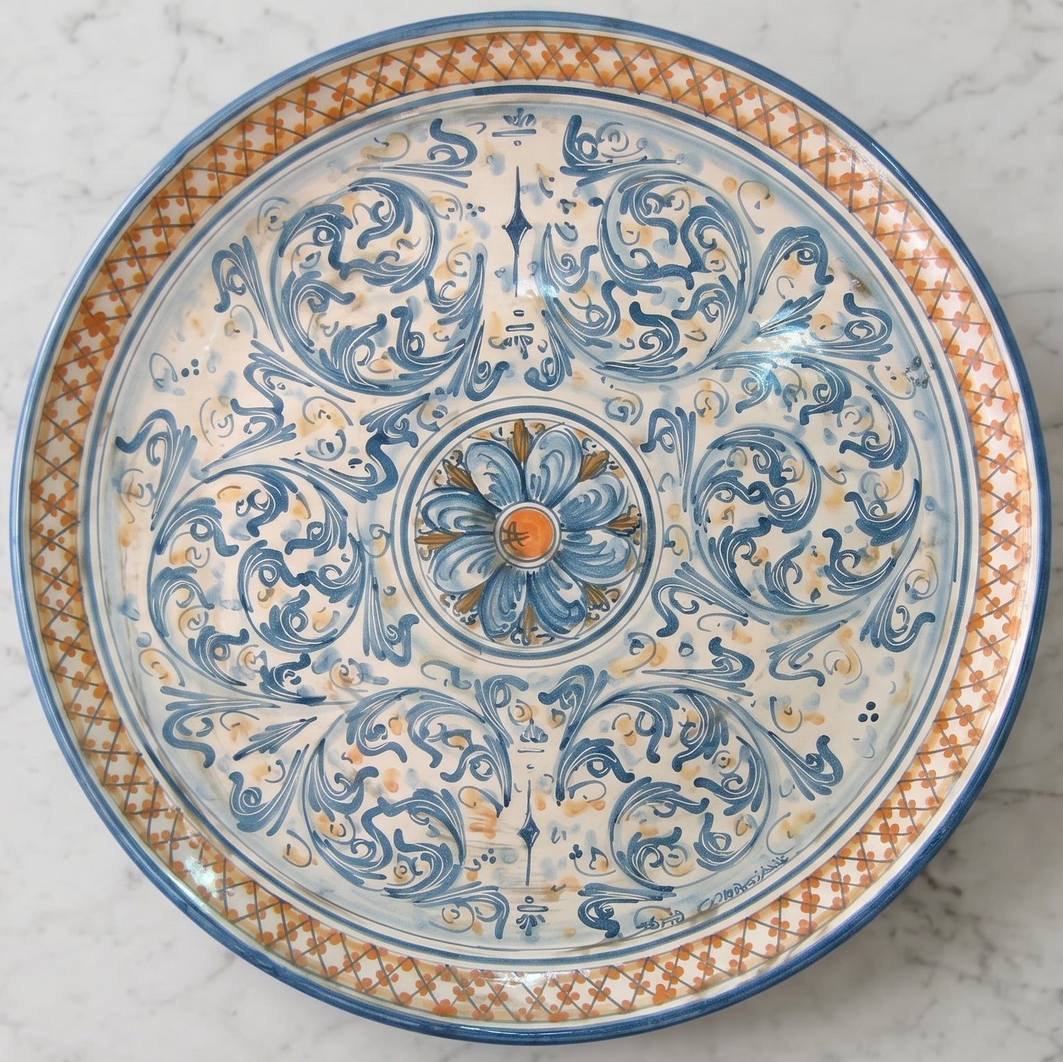 Assiette Decorative en Ceramique Italienne - Bleu et Orange, Serie d'Arte | Ceramique Caltagirone - artisanat sicilien
