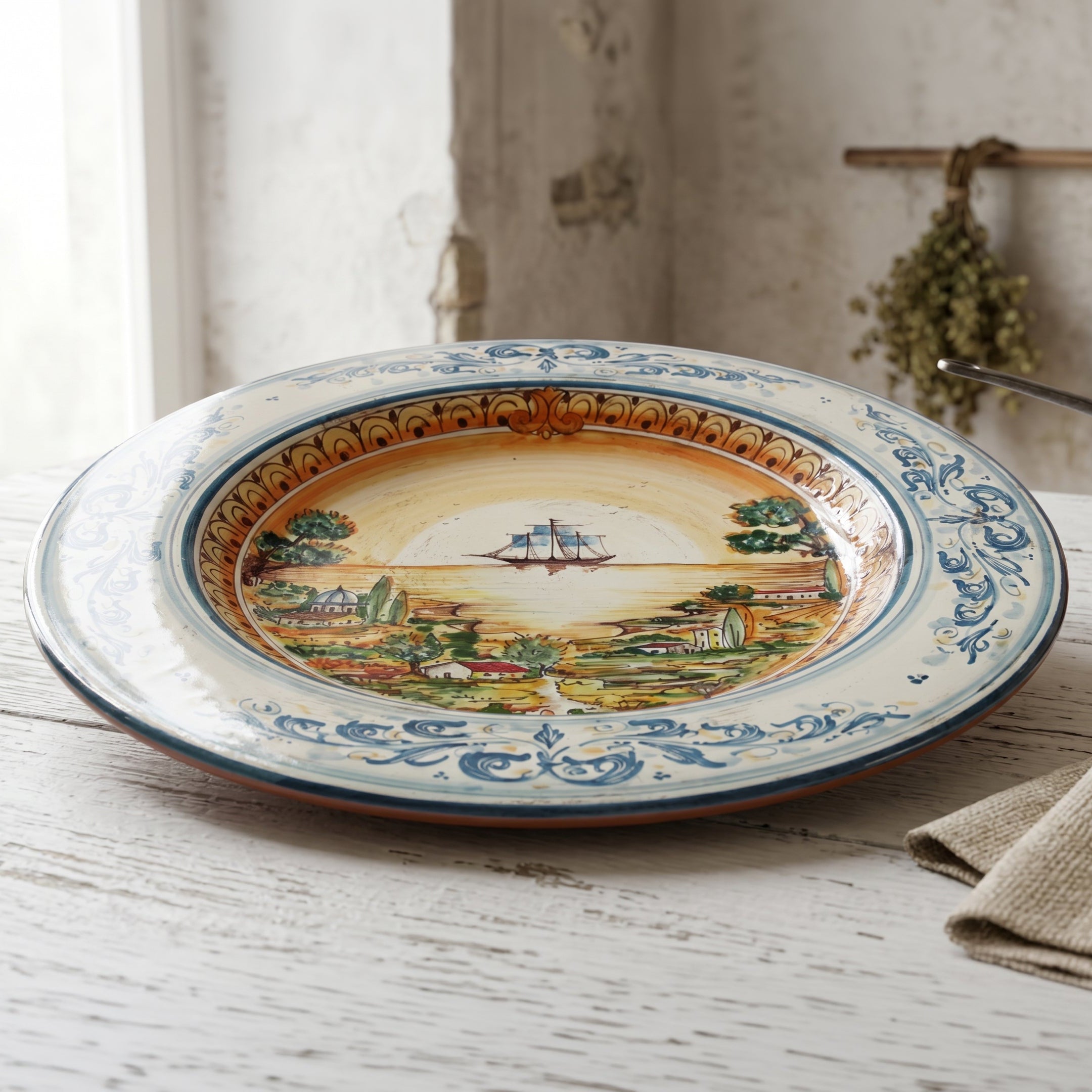Plato Cerámico Cappello Prete — Velero, Azul y Naranja | Cerámica Caltagirone – tradición artesanal siciliana
