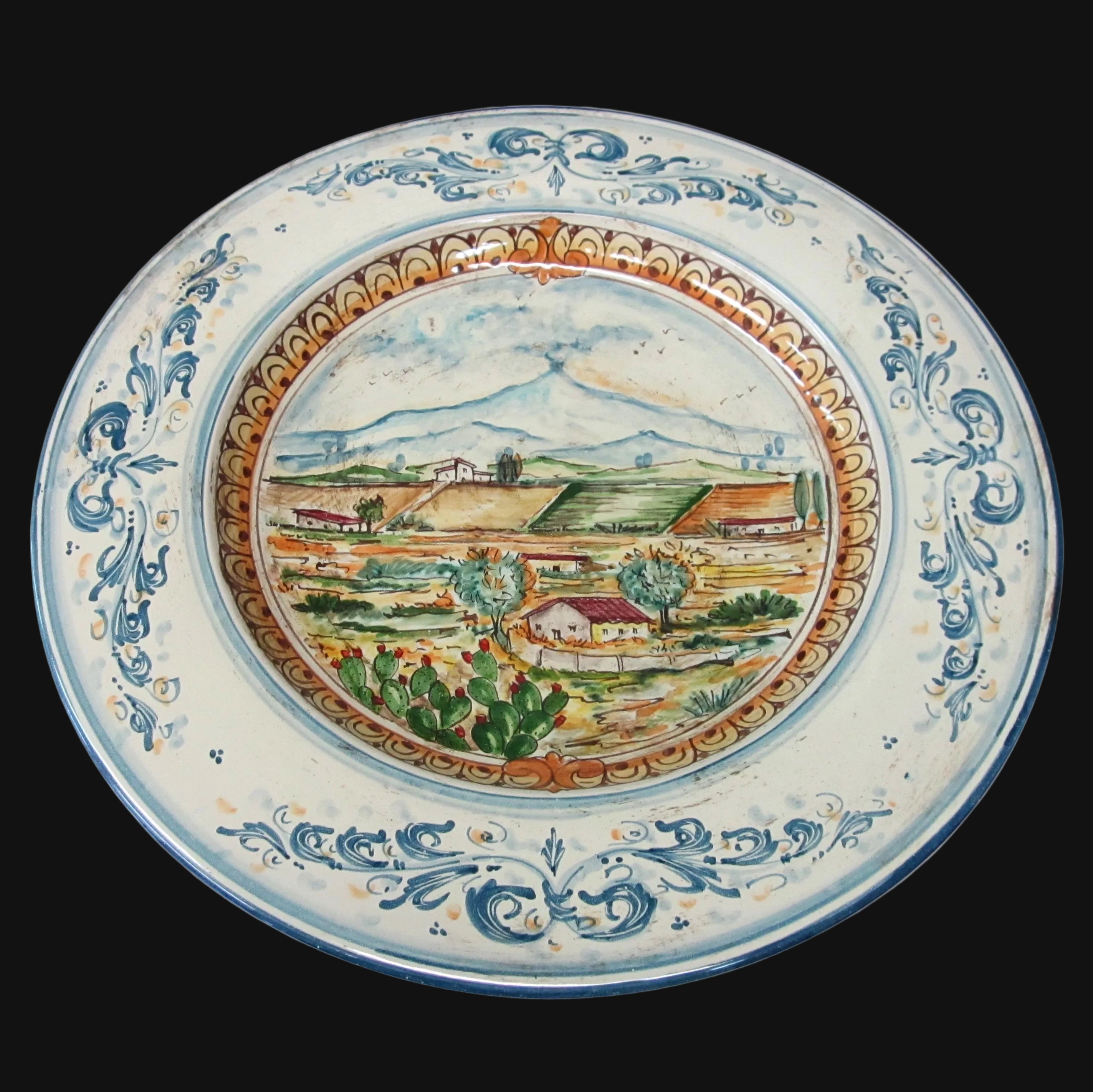 Caltagirone Ceramic Plate Cappello Prete — Etna Landscape, Blue and Orange | Caltagirone Ceramic – Sicilian artisan tradition