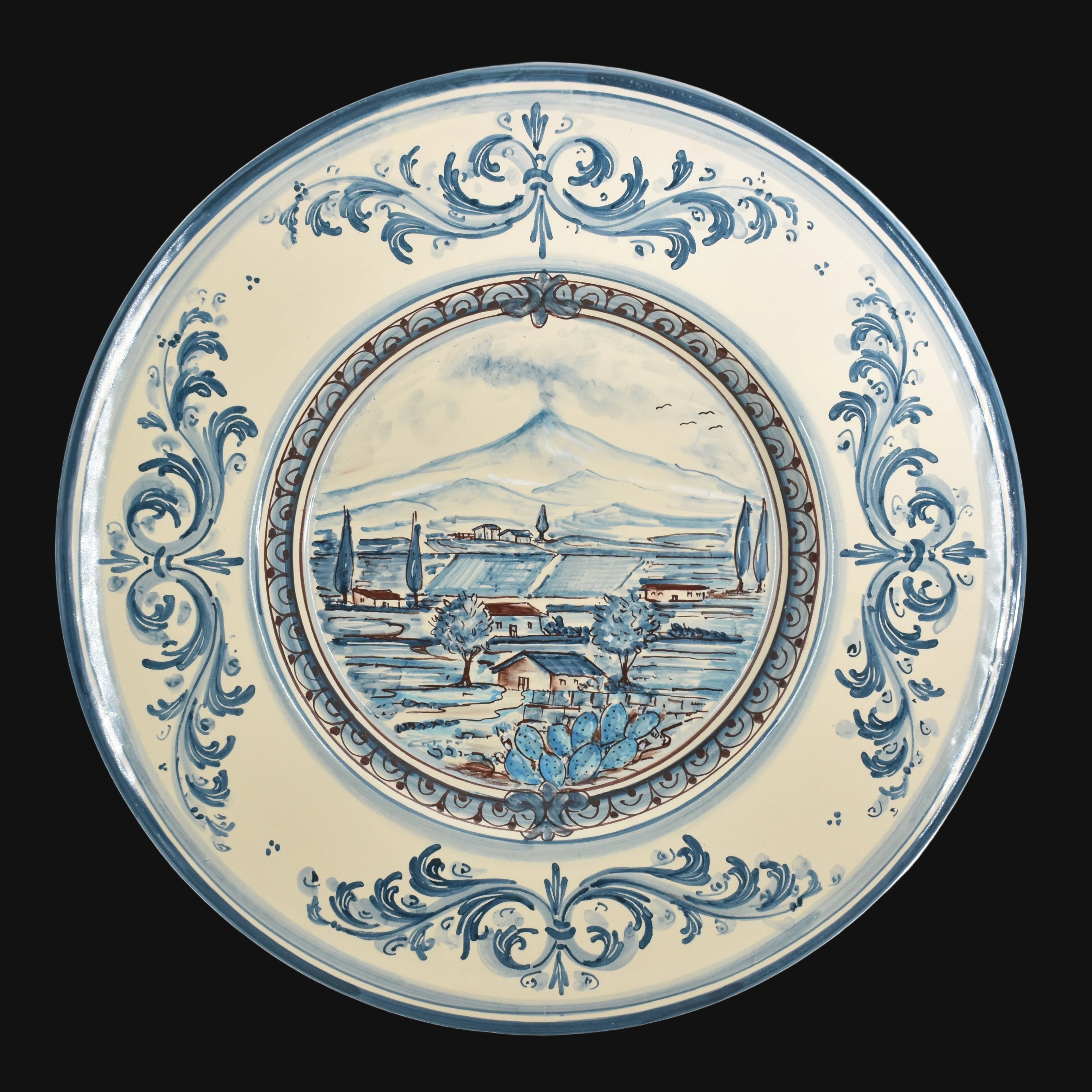 Plato Cerámico Cappello Prete — Paisaje Etna, Mono Azul | Cerámica italiana de Caltagirone, Sicilia