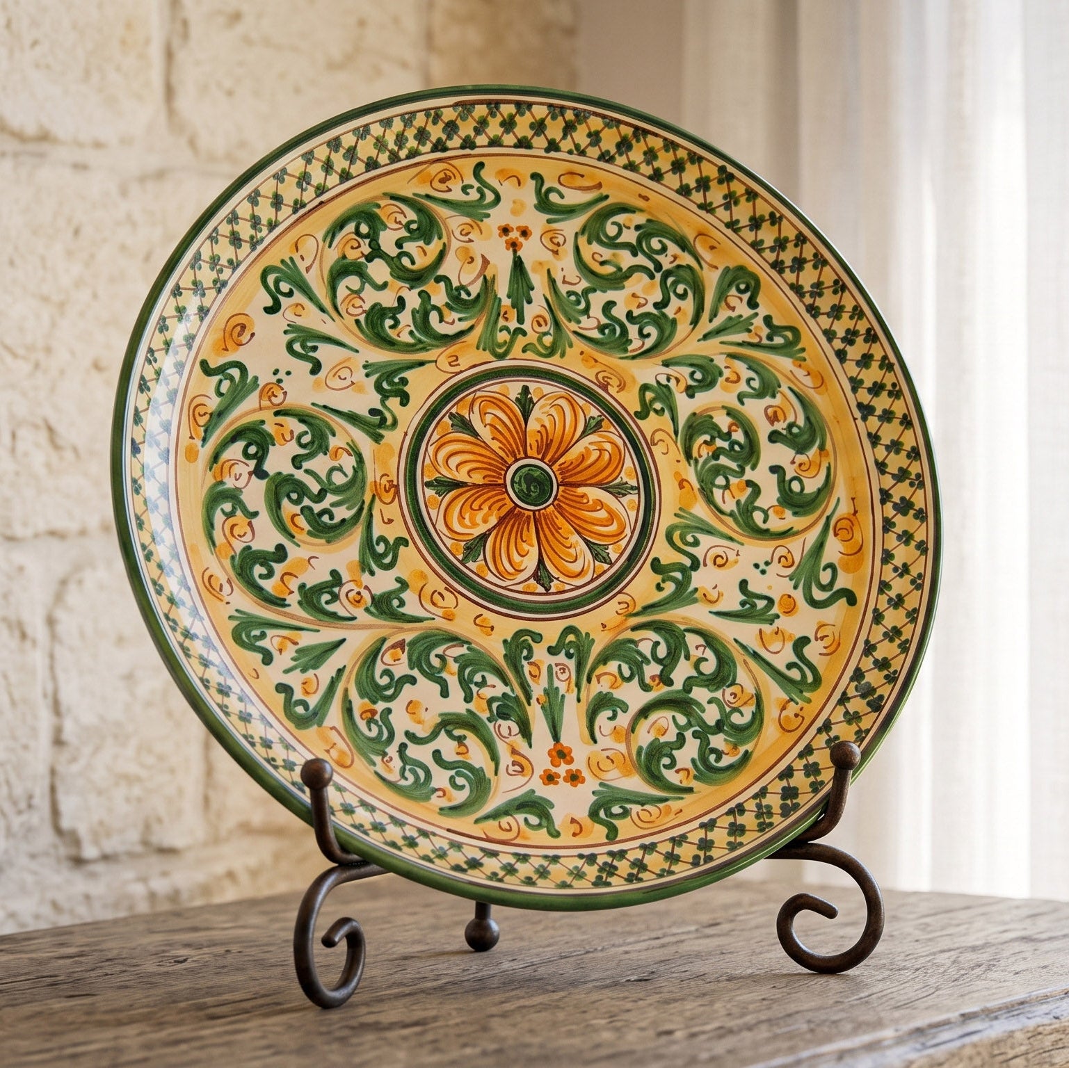 Assiette Decorative en Ceramique Italienne - Vert et Orange, Serie d'Arte | Ceramique italienne de Caltagirone, Sicile