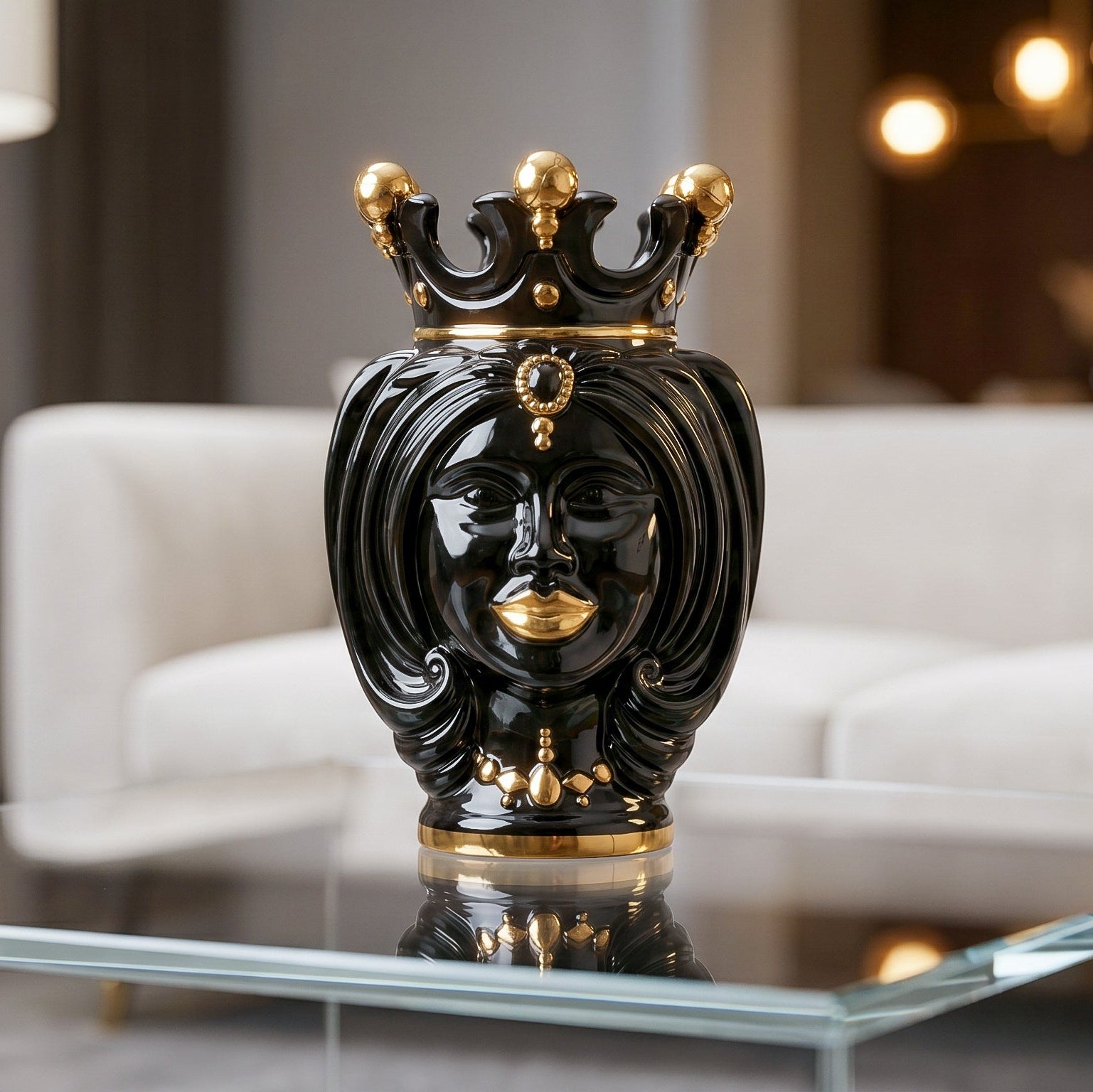 Vase Tête de Maure H 25 cm – Femme, Black And Gold – Testa di Moro de Caltagirone, Sicile