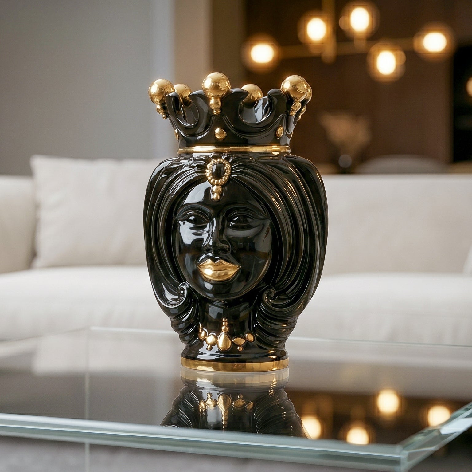 Vase Tête de Maure H 25 cm – Femme, Black And Gold – Testa di Moro de Caltagirone, Sicile