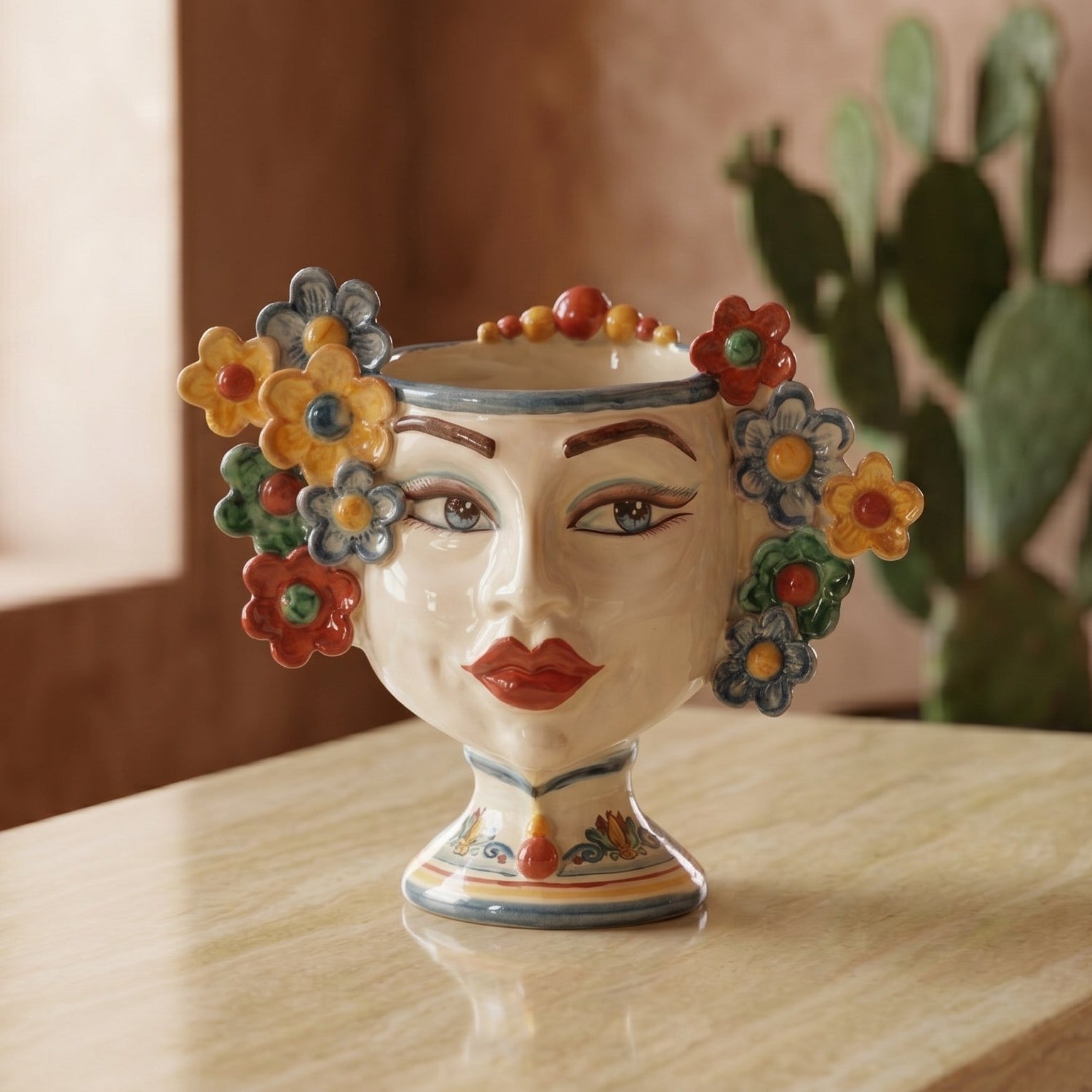 Jarrón Siciliano con Flores H 20 cm, Mujer, Decoro Sicily – Testa di Moro de Caltagirone, Sicilia