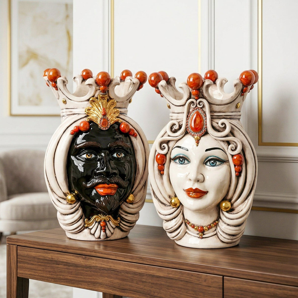 Tête de Maure Sicilienne H 38 cm – Femme, Nacre Antique Or et Lustres – Testa di Moro de Caltagirone, Sicile