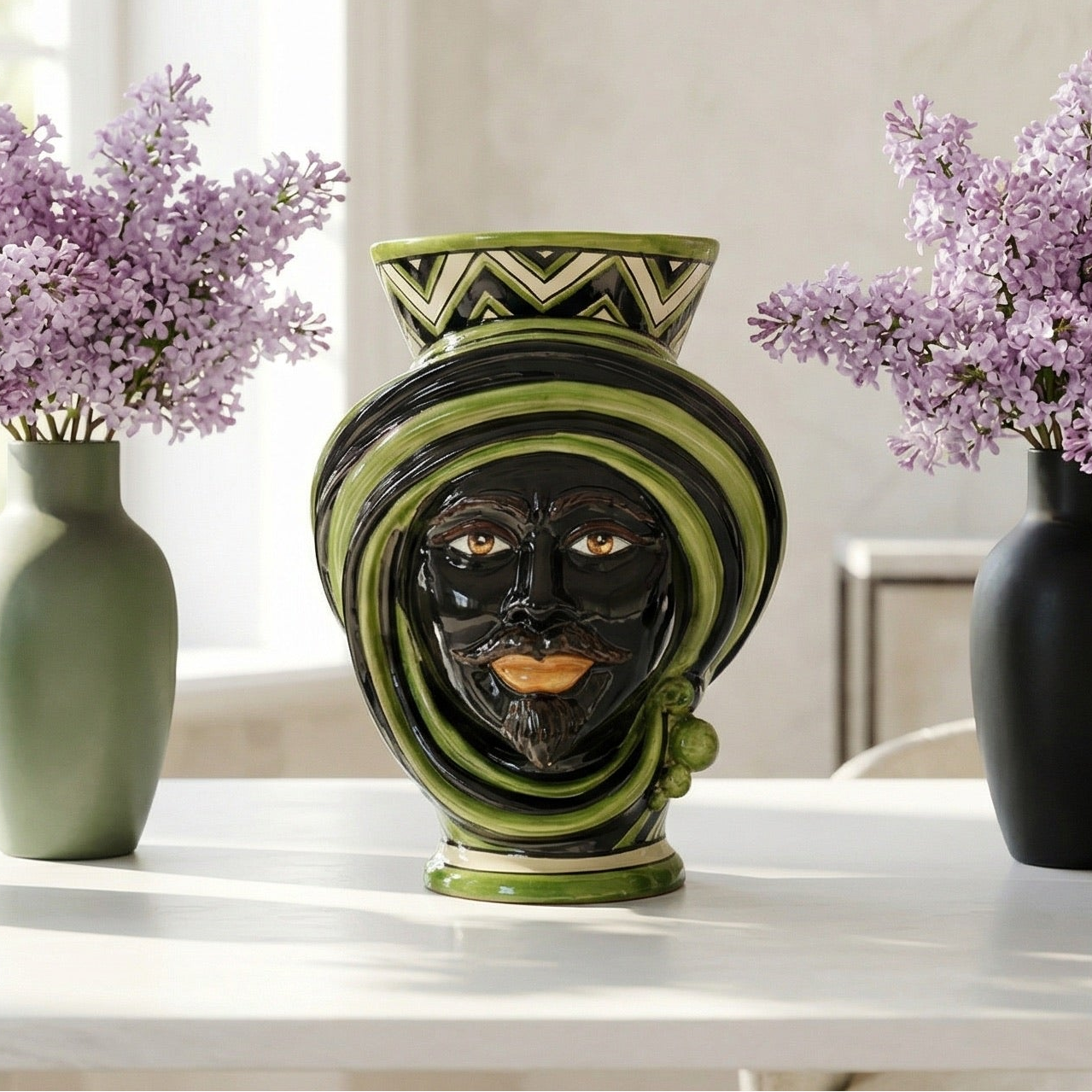 Testa di Moro h 30 Linea Parigi in Ceramica di Caltagirone Nero e Verde