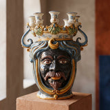 Testa di Moro a Candeliere, Maschio Moro, Blu e Arancio. Ceramiche Sofia, Caltagirone