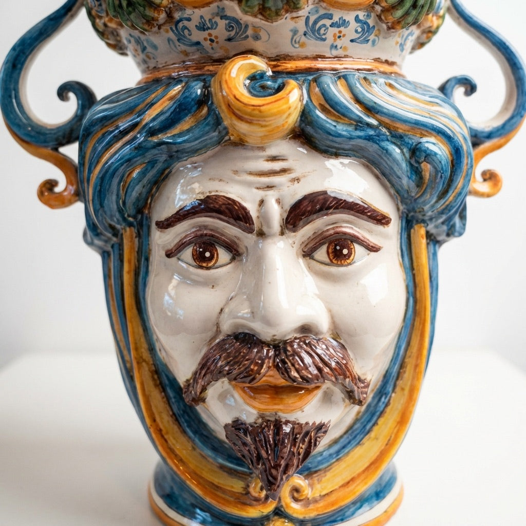 Sicilian Head Vase Candle Holder H 40 cm / 15.7", White Man, Blue and Orange – Testa di Moro from Caltagirone, Sicily